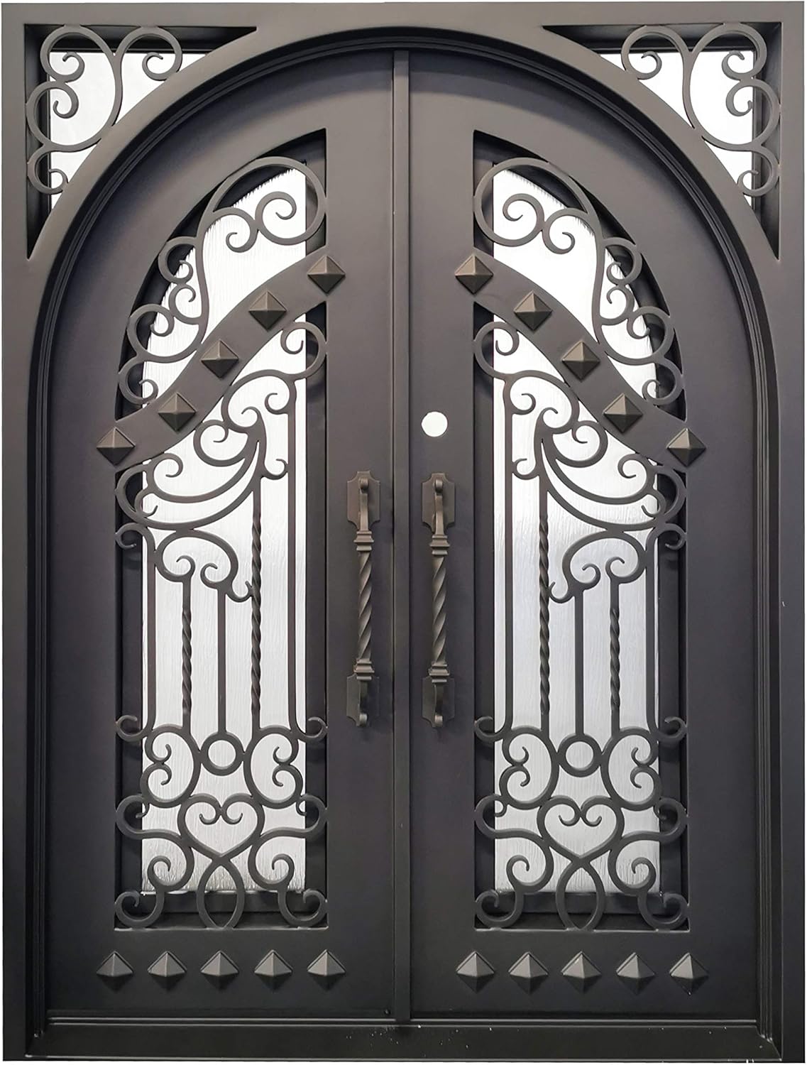 Cresson Exterior Double Front Entry Door Wrought Iron with Operable Tempered Rain Glass Inside Swing Dark Bronze Finish (60 by 96 Right Hinge Active)