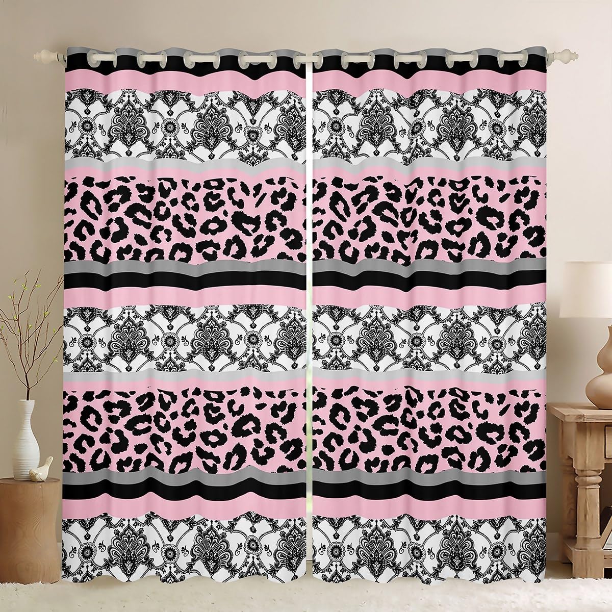 Homemissing Pink Leopard Print Window Curtains Black Damask Blackout Curtains for Boys Girls Vintage Black Damask Darkening Dreapes Geometric Striped Window Treatments Decorative (2 Panels,W46*L54)