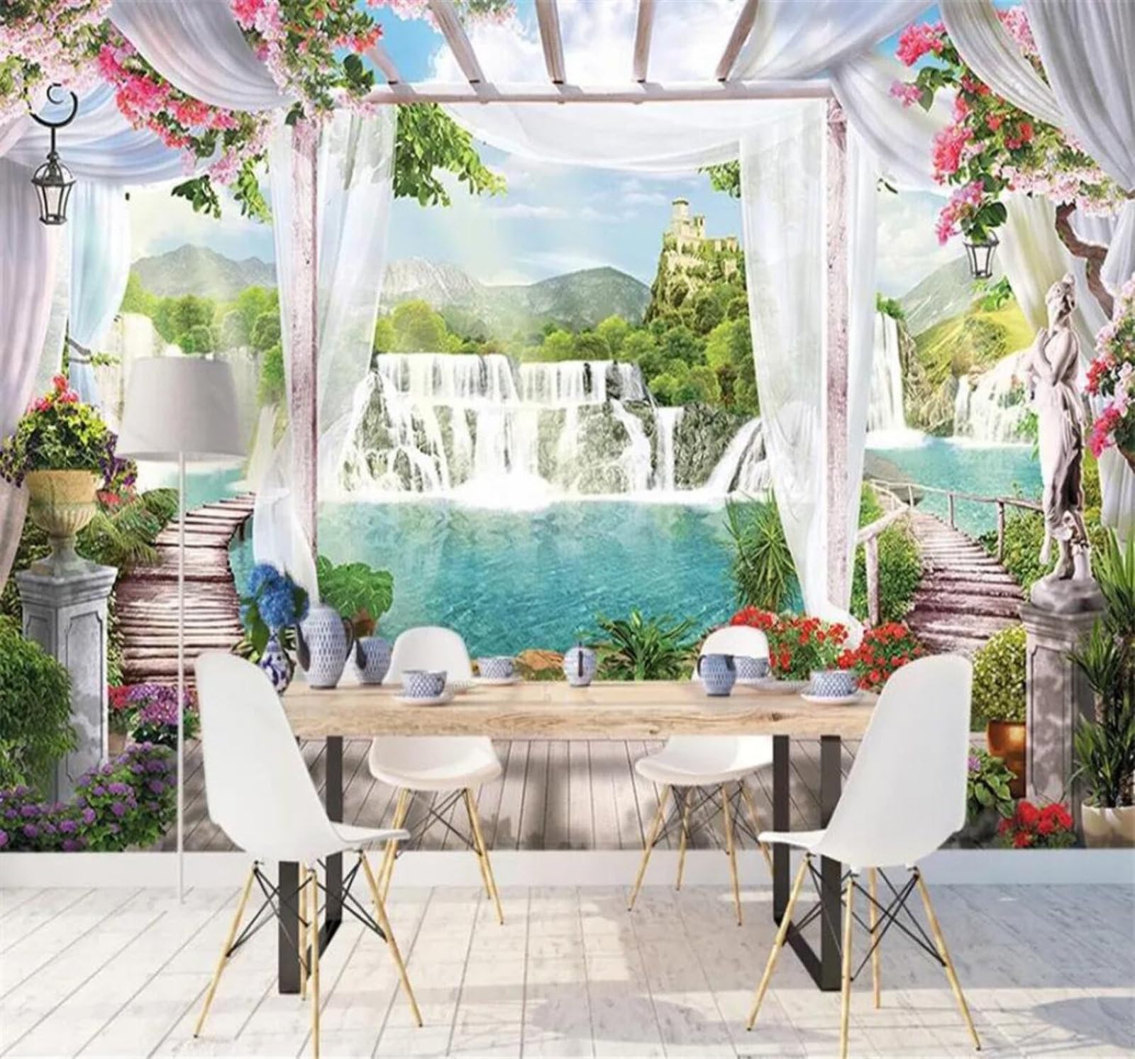 Tzxztt 200Cm×140Cm(B×H) Fresh Elegant Beautiful Waterfall Fairyland Balcony Modern 3D Wallpaper Premium Textured Silk Neutral Tones Material Ideal For Living Room Bedroom-200Cm×140Cm