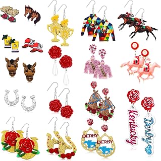 Ecation 16 Pairs Derby Race Horse Earrings Funny Riding Horse Earrings for Women Rose Horseshoe Racing Gifts Derby Jewelry