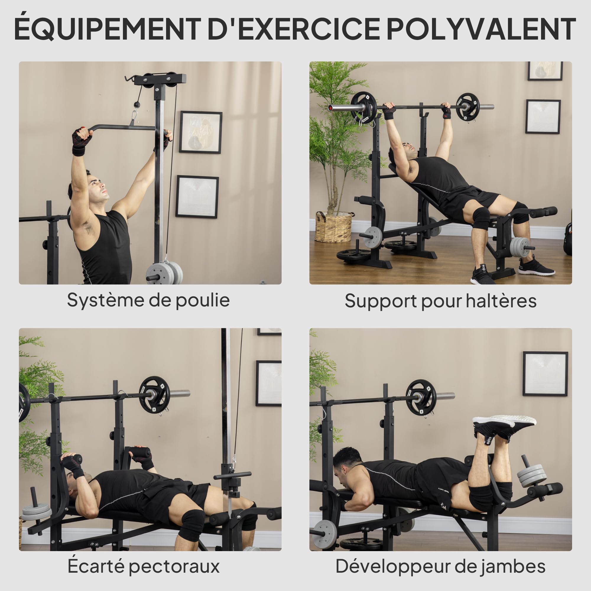 HOMCOM Banc de musculation complet multifonction avec dossier réglable, système de poulie, support pour haltères, écarté pectoraux, banc developper coucher à plat ou incliné entraînement fitness
