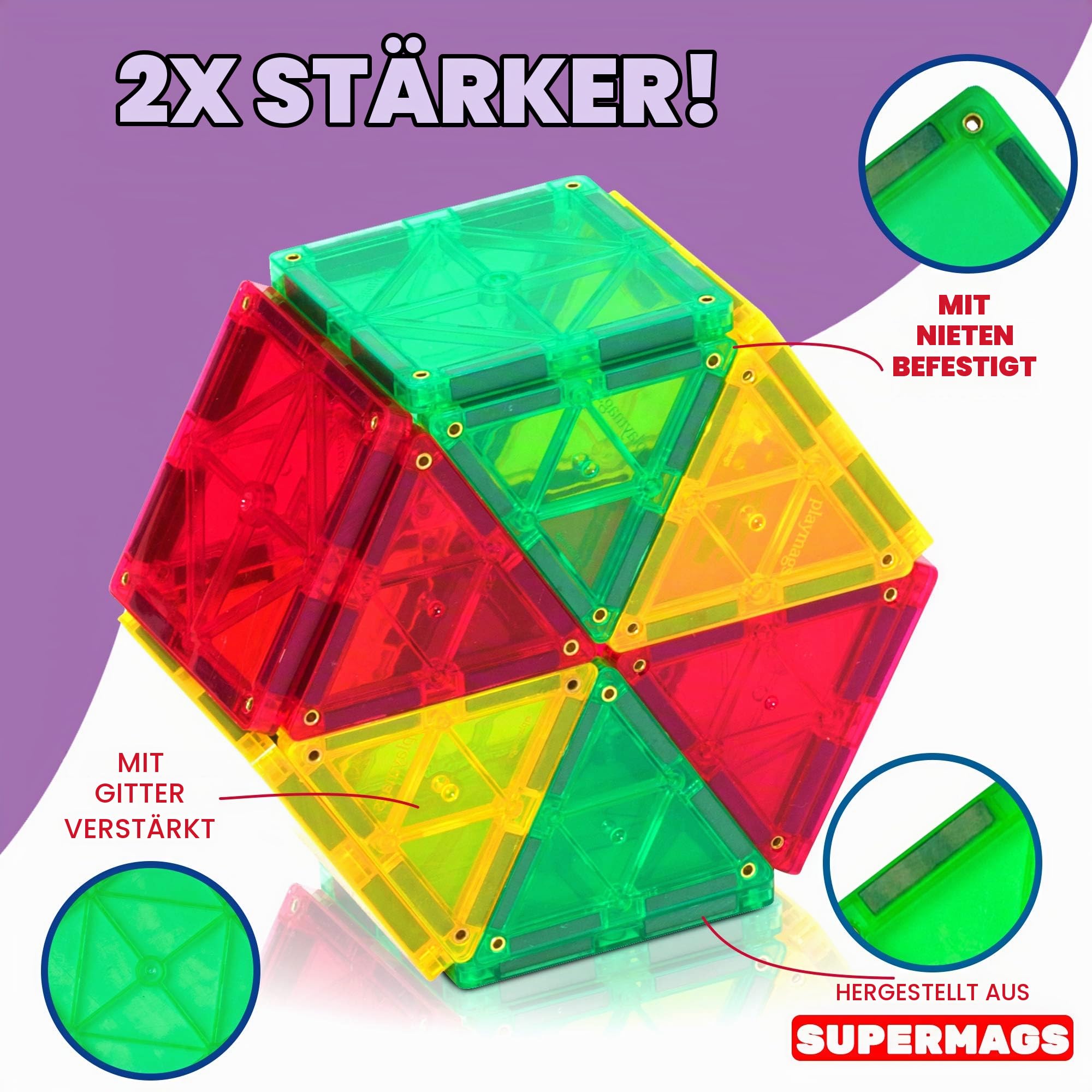 Playmags 48 Stück Set - mit stärkeren Magneten, STEM Spielzeug für Kinder, magnetische Fliesen und Building Blocks, Robuste, Super Durable mit Vivid Clear-Color-Fliesen