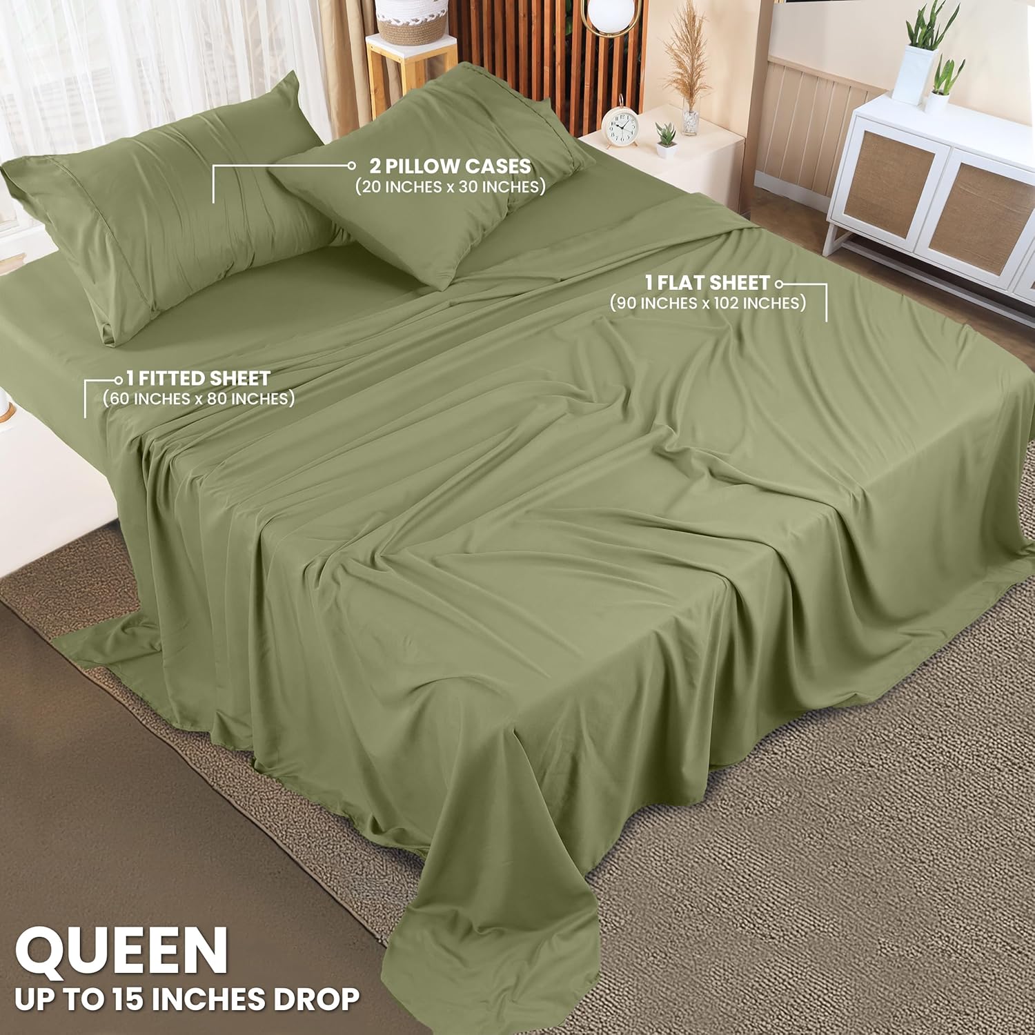 Utopia Bedding Queen Size Sheet Set – 4 Piece Bed Sheets, Soft and Breathable Microfiber, Includes 1 Fitted Sheet, 1 Flat Sheet and 2 Pillowcases – Oeko-Tex - (Olive) - Image 2