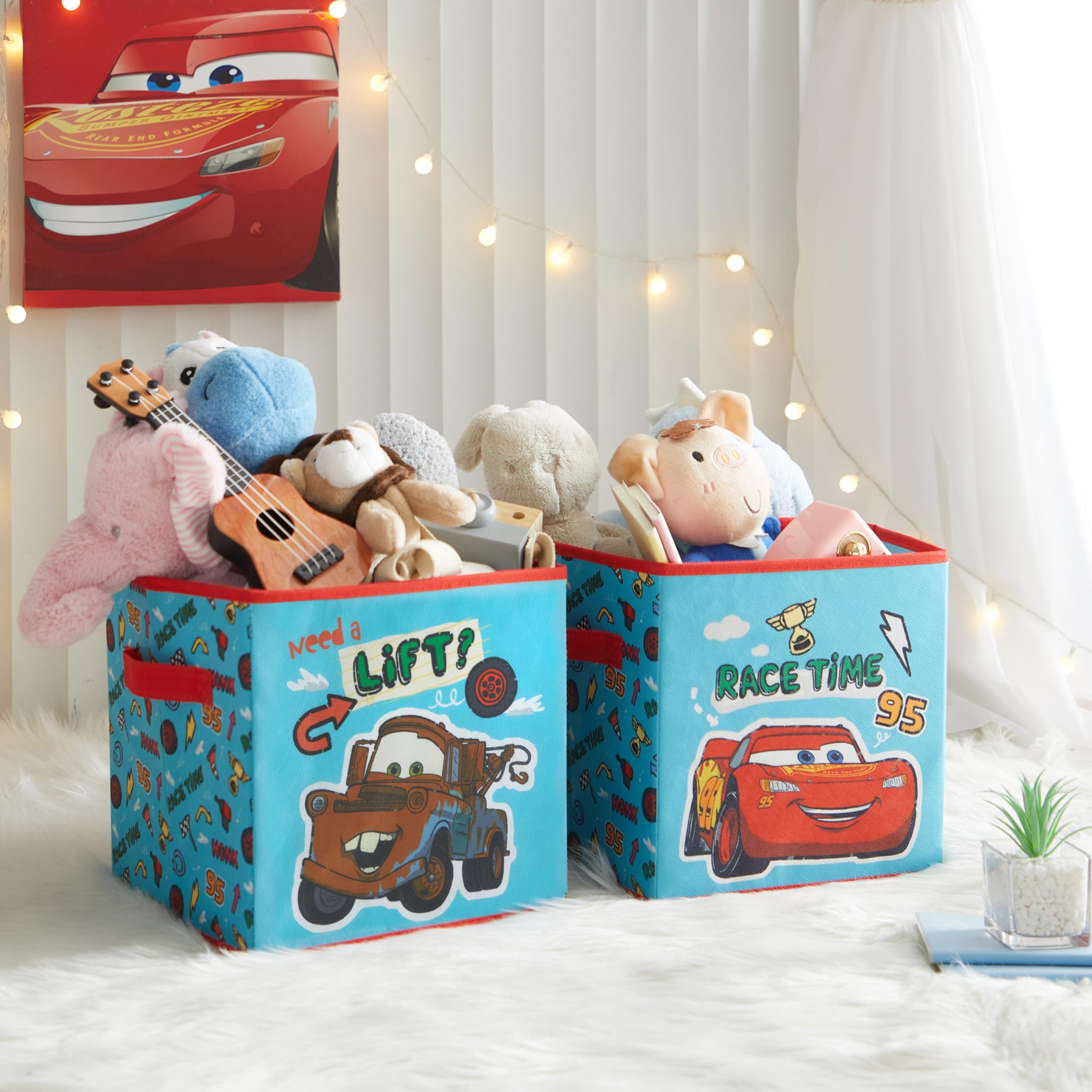 Disney Cars Storage Cubes, Set of 2 Durable 10"x10"x10" Fabric Bins with Handles, Lightning McQueen Organizer Boxes for Kids' Toys, Clothes &amp; Room Décor