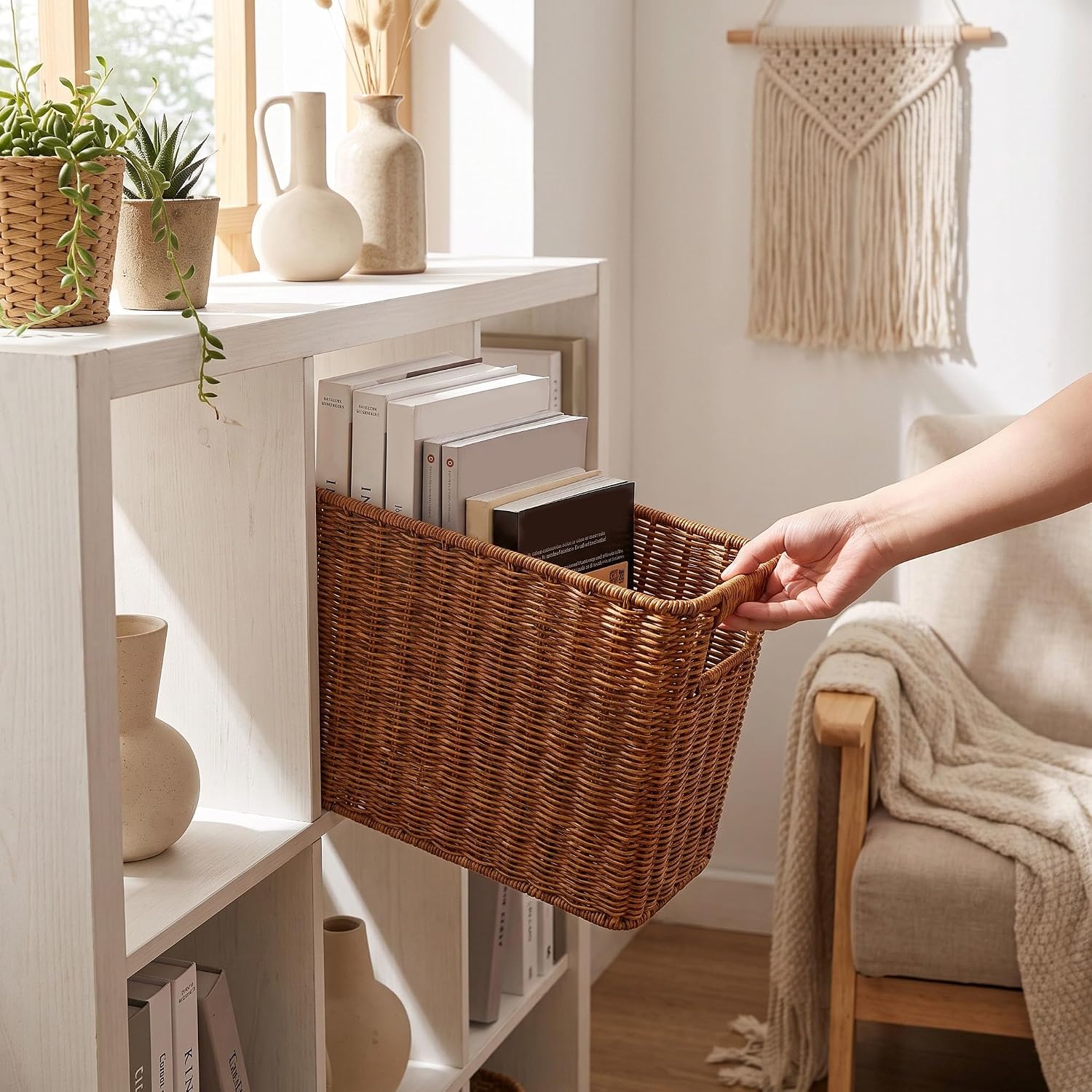 Didiseaon Japanese Rattan Storage Bin, Narrow Magazine Book Organizer Box