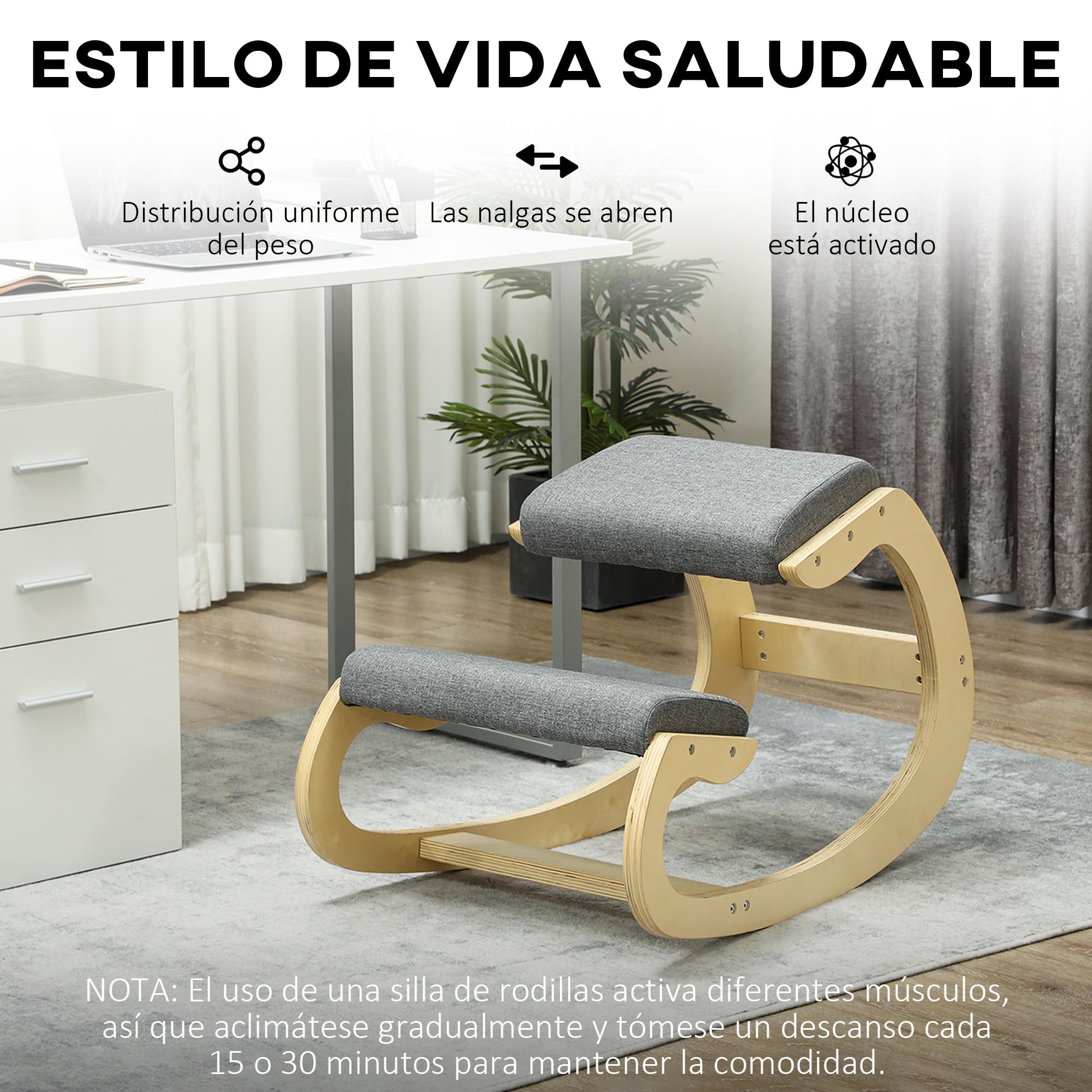 HOMCOM Silla Ergonómica de Rodillas, Silla de Rodillas de Madera, Taburete Ergonómico, Cojín Acolchado, para Mejorar la Postura, para Casa y Oficina, Gris