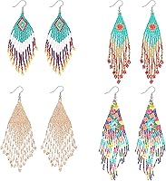 Tuanse 4 Pairs Boho Beaded Tassel Earrings - Colorful Handmade Fringe Drop Dangle Earrings for Women, 4 Vibrant Styles Gift Set