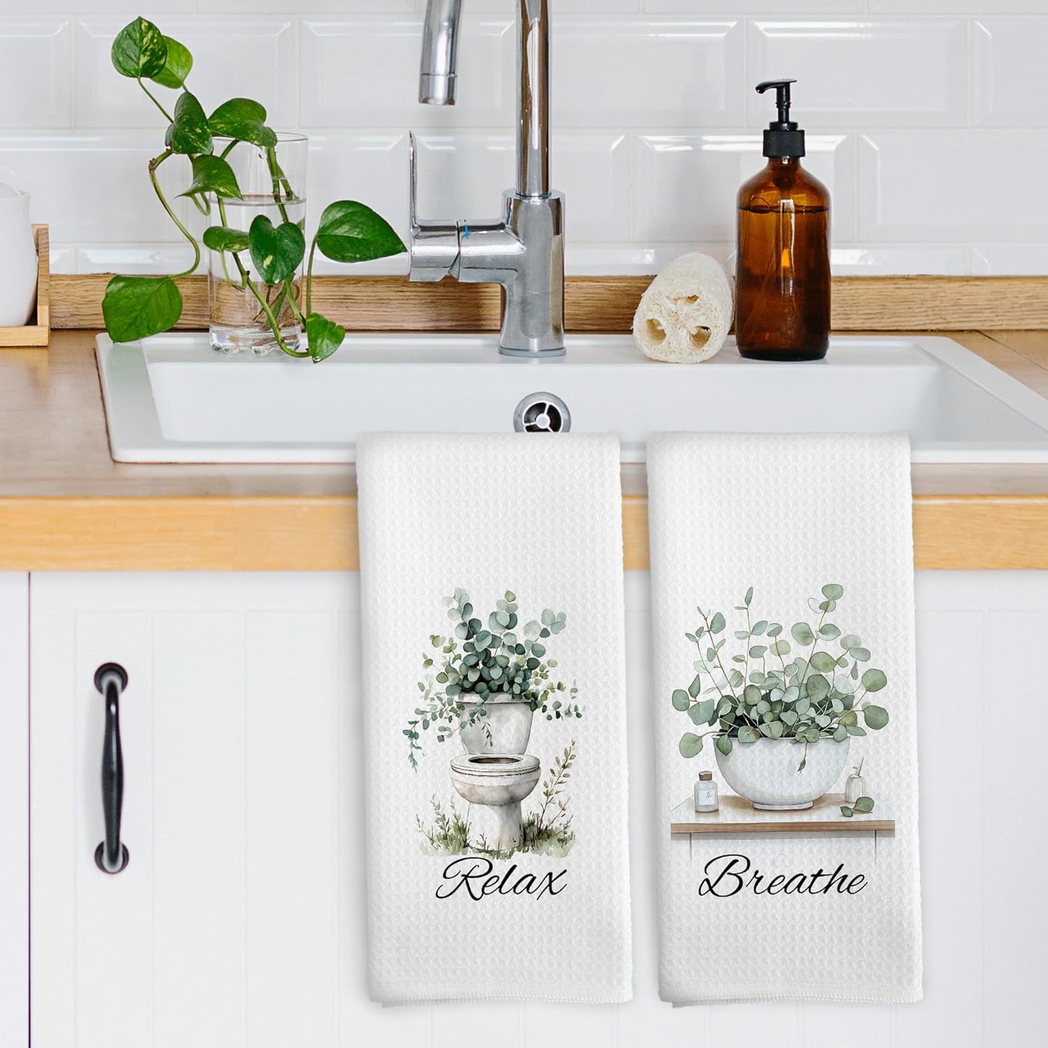 Sage Green Eucalyptus Hand Towels for Bathroom Spa, Rustic Farmhouse Sage Leaves Plant Kitchen Dish Tea Towels, Botanical Breathe Relax Toilet Bathroom Decor, 16x24 Inch Set of 2 - Image 3