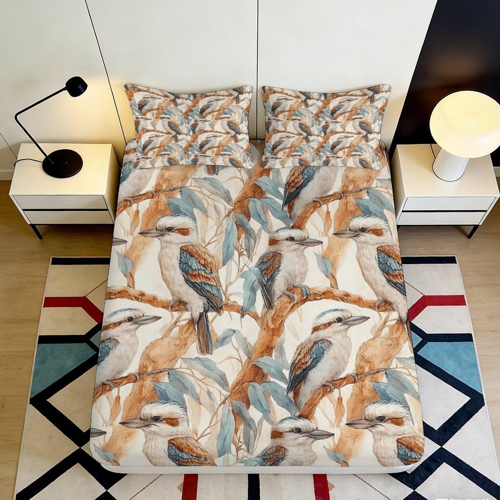 3D Printed Kookaburra Bird Fitted Sheet Microfiber Soft Mattress Cover Eucalyptus Leaves Bedroom Decor Anti-Slip Washable 180x200x25cm