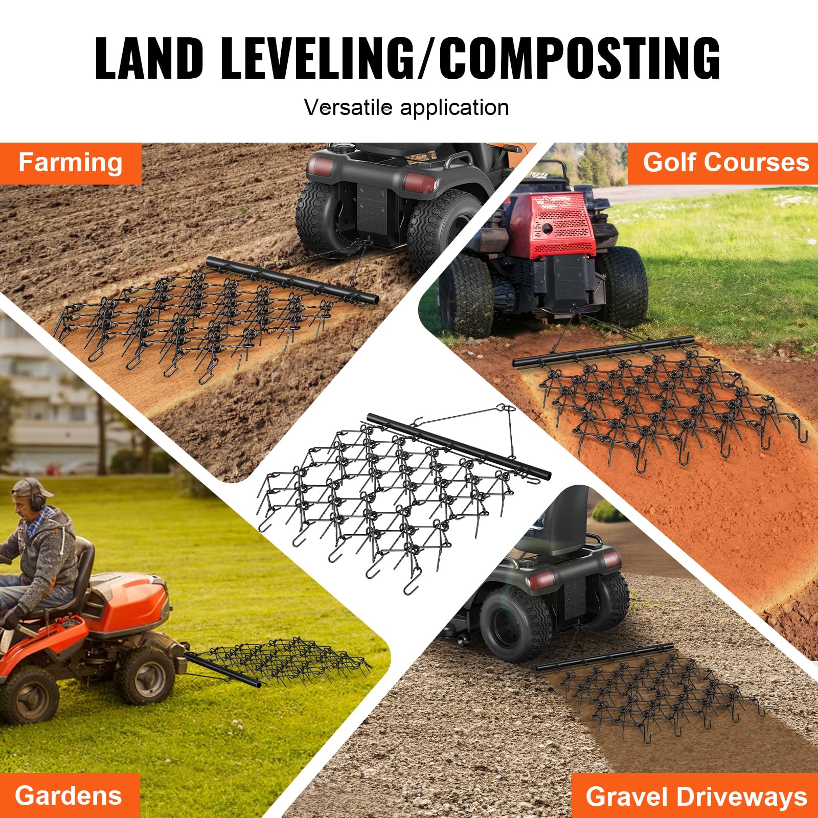 VEVOR Herse Traînée à Chaîne 2000x1210 mm Niveleur d'Allée avec 69 Dents Tapis de Traînage Nivellement de Paysage Préparation de Gazon Remorquable pour Tracteur, VTT, UTV, Allée Gravier, Ferme, Champ