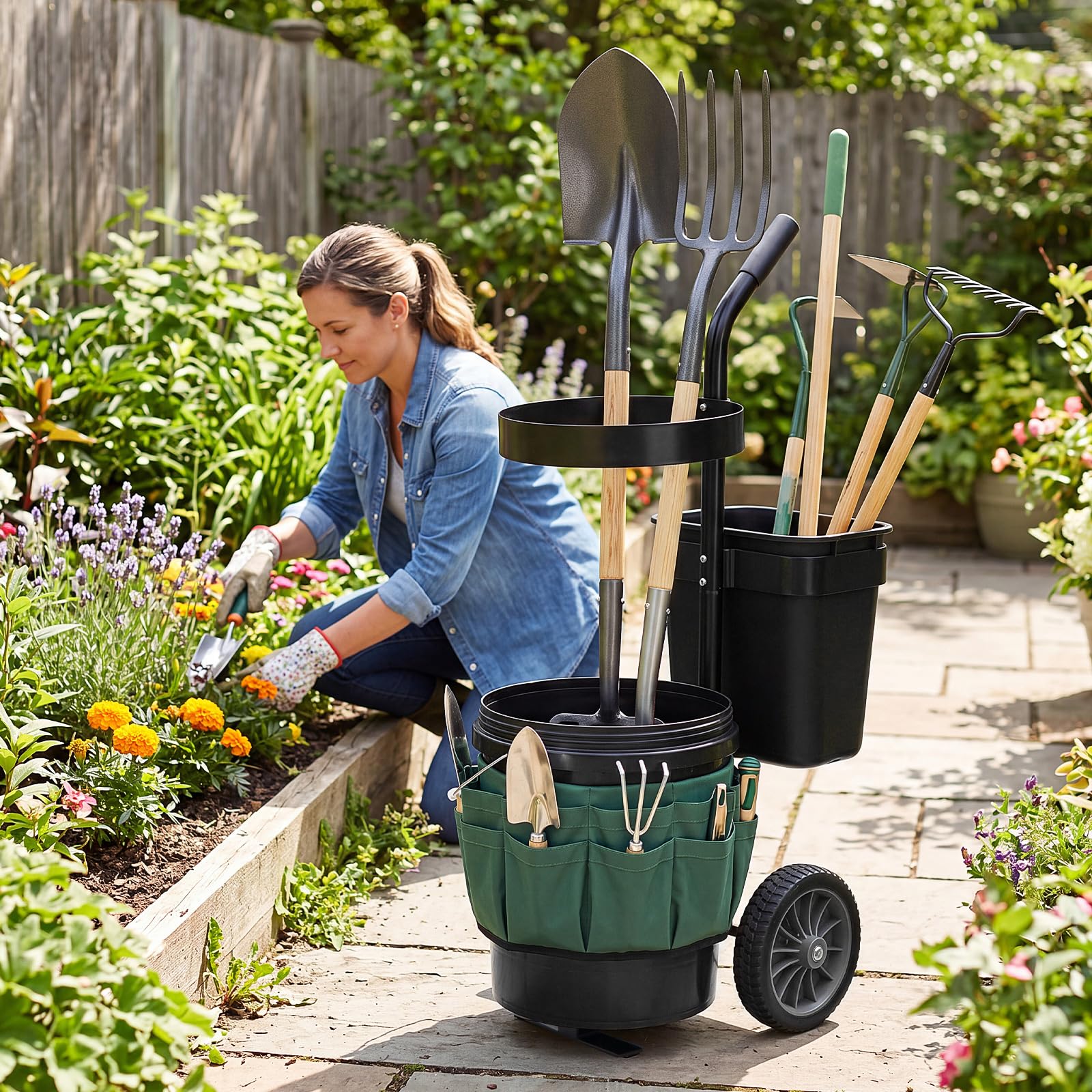 COSTWAY Carro de Jardín para Herramientas, Carrito de Transporte de Jardinería con 2 Cubos Desmontables, Bolsas de Tela Oxford, Estructura de Metal, Carretilla de Utensilios para Exterior