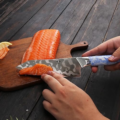 Miniatura 6 de WILDMOK Cuchillo Santoku de acero aleado 10Cr15CoMoV de 7 pulgadas, diseño ergonómico de porcelana azul y blanca, mango de resina, cuchillos de