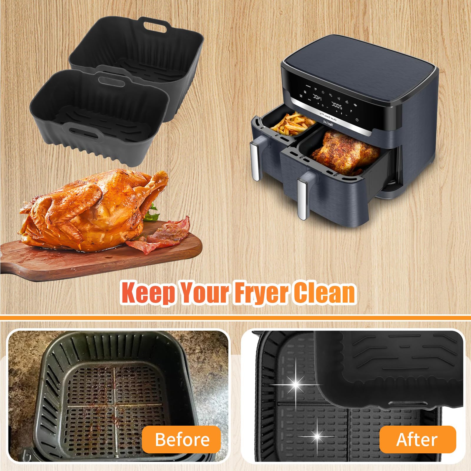 Moule Silicone Air Fryer Friteuse pour Moulinex air fryer deux compartiments, très grande capacité 11L EZ942BF0, Réutilisable Accessoires Plat Panier Silicone pour Tefal Dual Easy Fry XXL EY942BE0