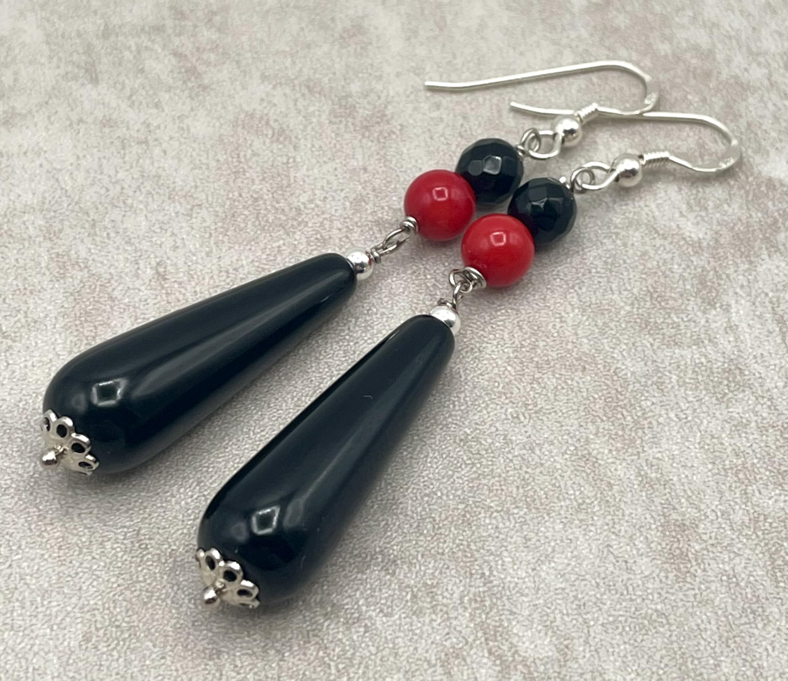 Orecchini in Onice Nero e Corallo Rosso, Pendenti Lunghi in Argento 925, Gioielli Pietre Dure, Bijoux Artigianali, Regalo per Lei