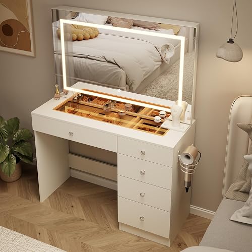 39" Vanity Desk with Mirror and Lights, 5 Drawers Makeup Vanity Desk with Tempered Glass top, 3 Lighting Modes Adjustable Brightness, White Vanity with Magnetic 5X Magnifier for Bedroom