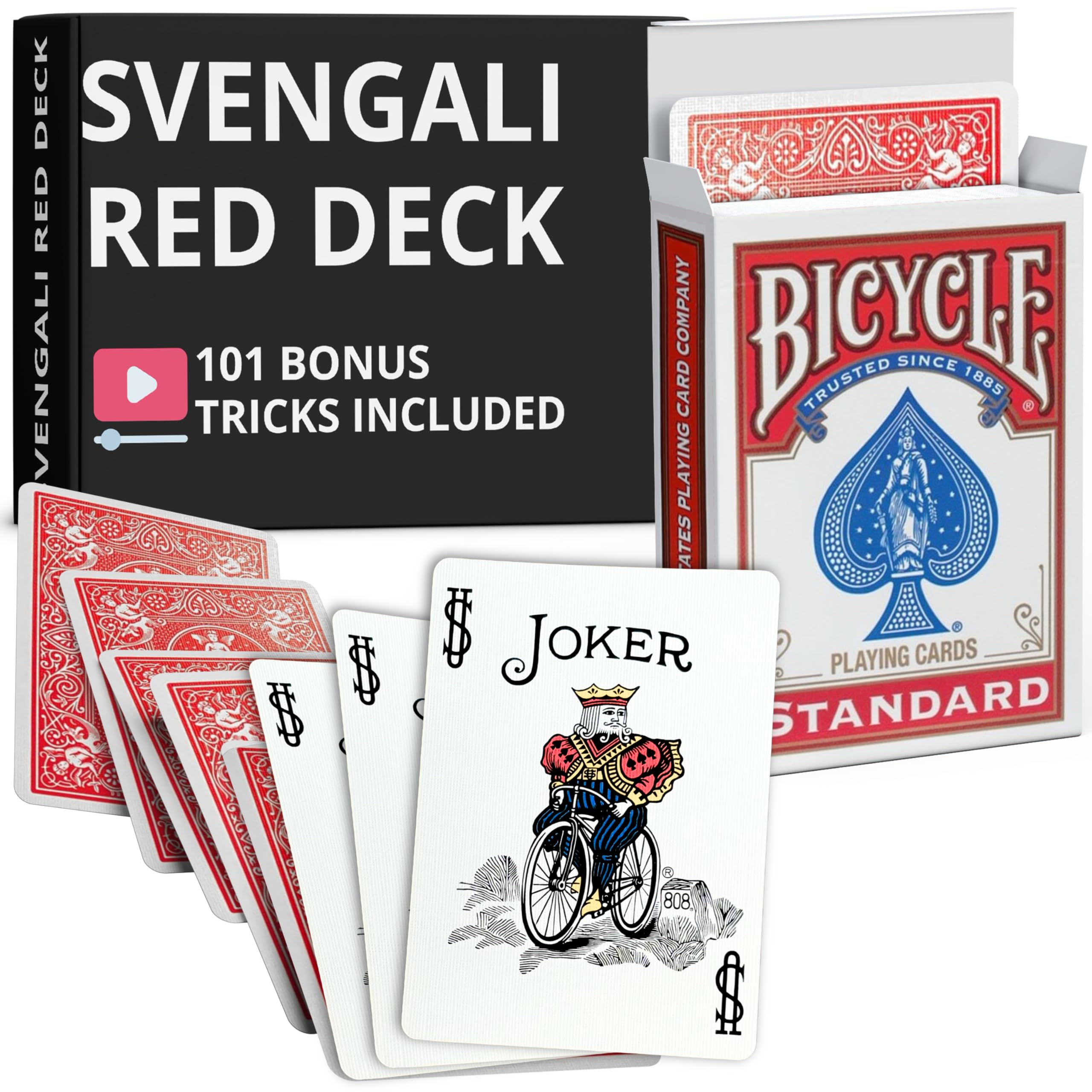 Ted's Sterling Magic Precision Red Rider Back Bicycle Svengali Deck with Instructions for 100+ Tricks (Color Joker)
