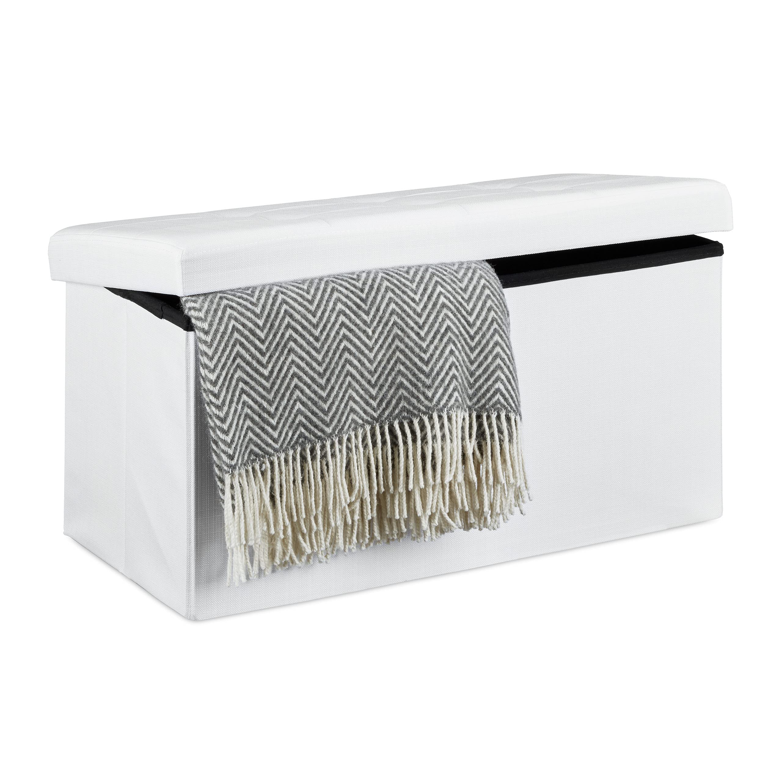Relaxdays Baúl Almacenaje Plegable, Puff Almacenamiento, Arcón Habitación, Banco pie de Cama, Lino, 38x76x38 cm, Blanco