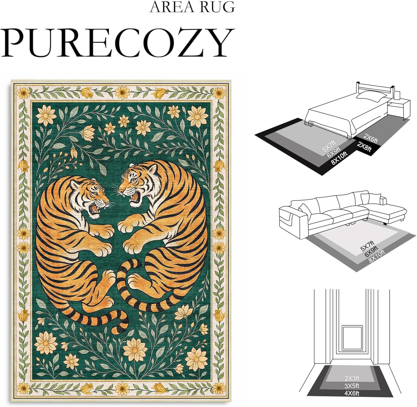 Area Rug 5x7 Tiger Rug for Living Room Vintage Tiger Green Botanical Rugs Machine Washable Retro Mid Century Modern Rugs Non-Slip Printed Low-Pile Indoor Floor Carpet for Dining Room Bedroom Office