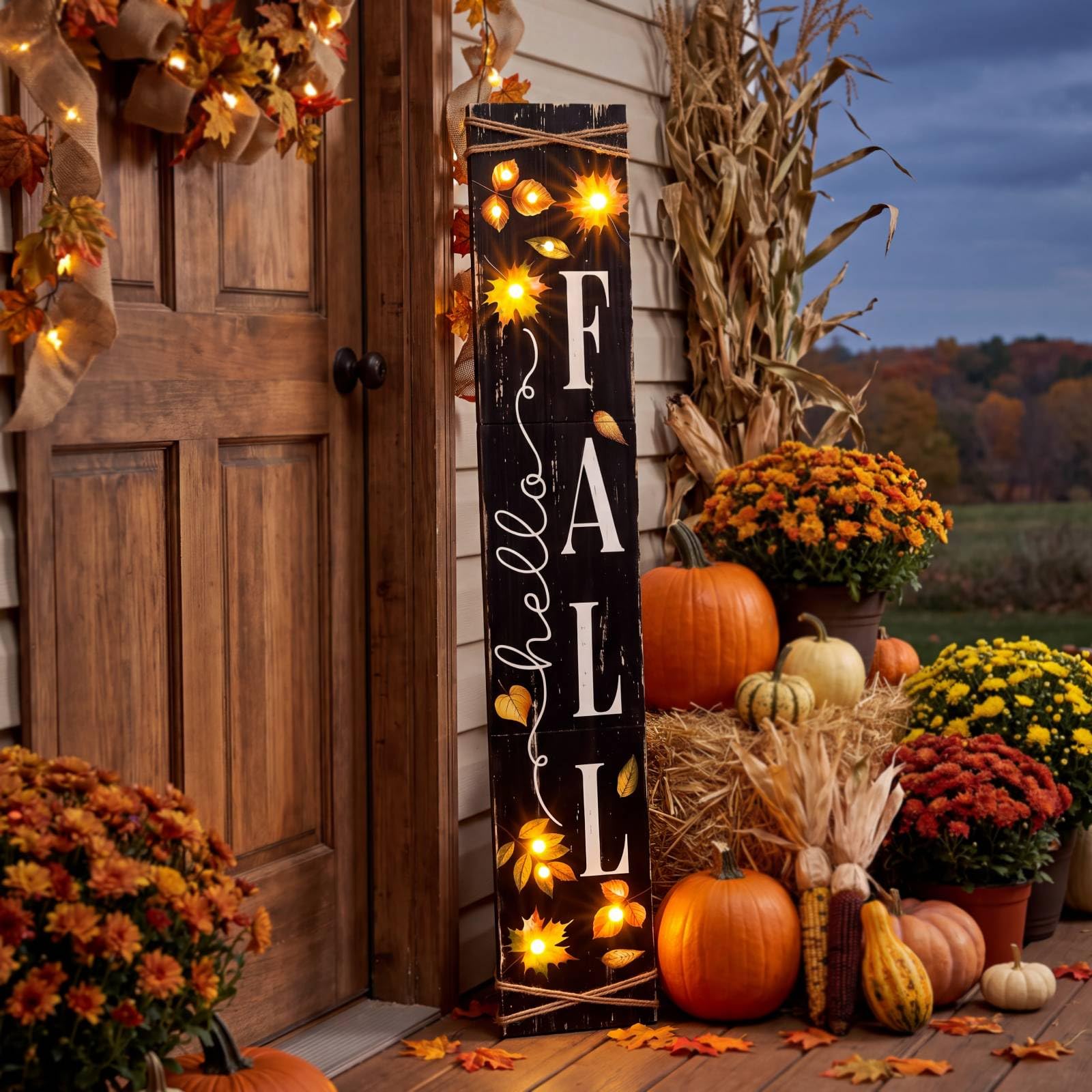 Photo 1 of Memorywuu Lighted Fall Porch Sign - 47" Wooden Welcome Decor