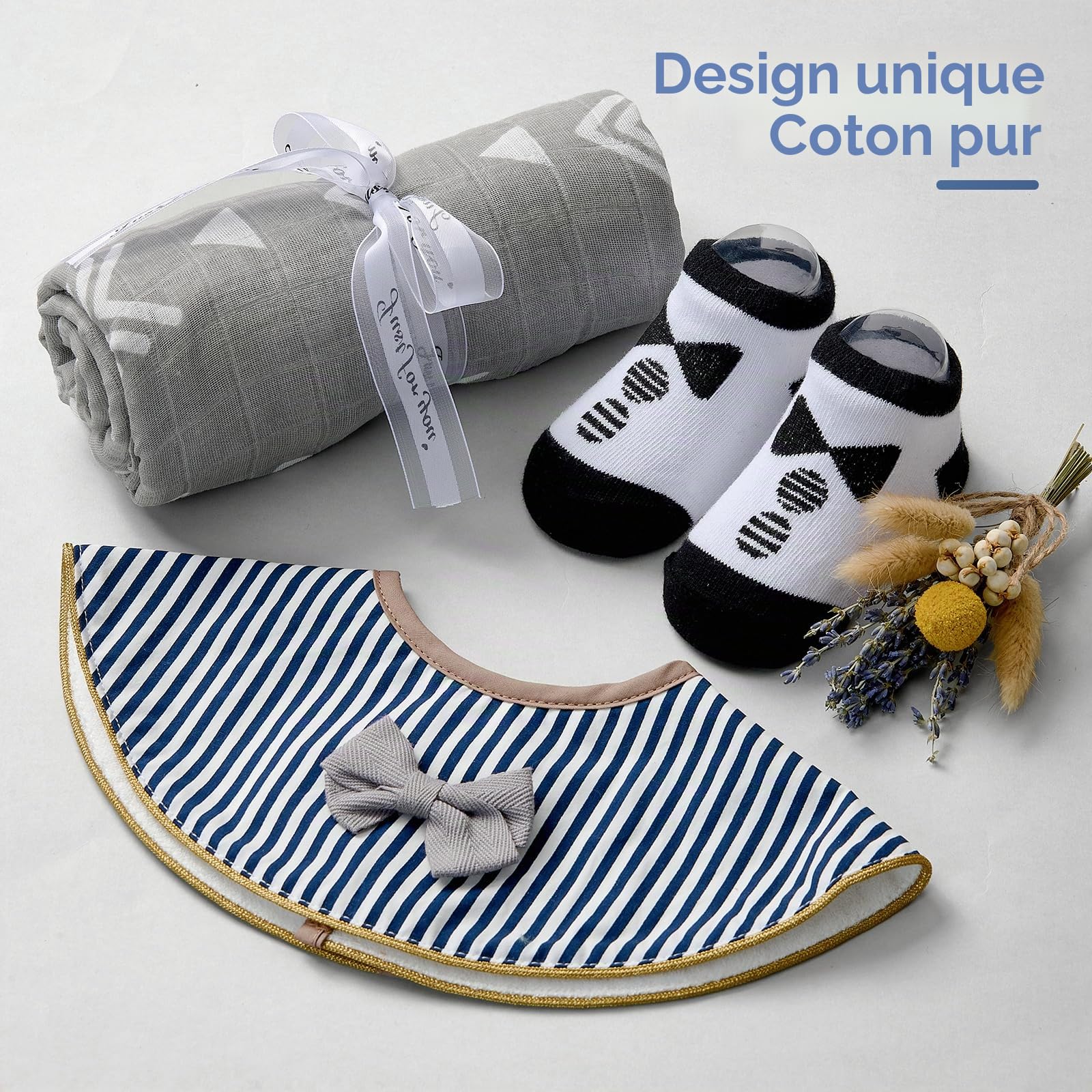 Cadeau Bébé Garçon, Cadeau Nouveau pour la Naissance, Ensemble Bébé Nouveau-né avec Couverture en Mousseline/Barboteuse Body Bébé/Bavoir Cadeau Baby Shower Révélateur de Genre