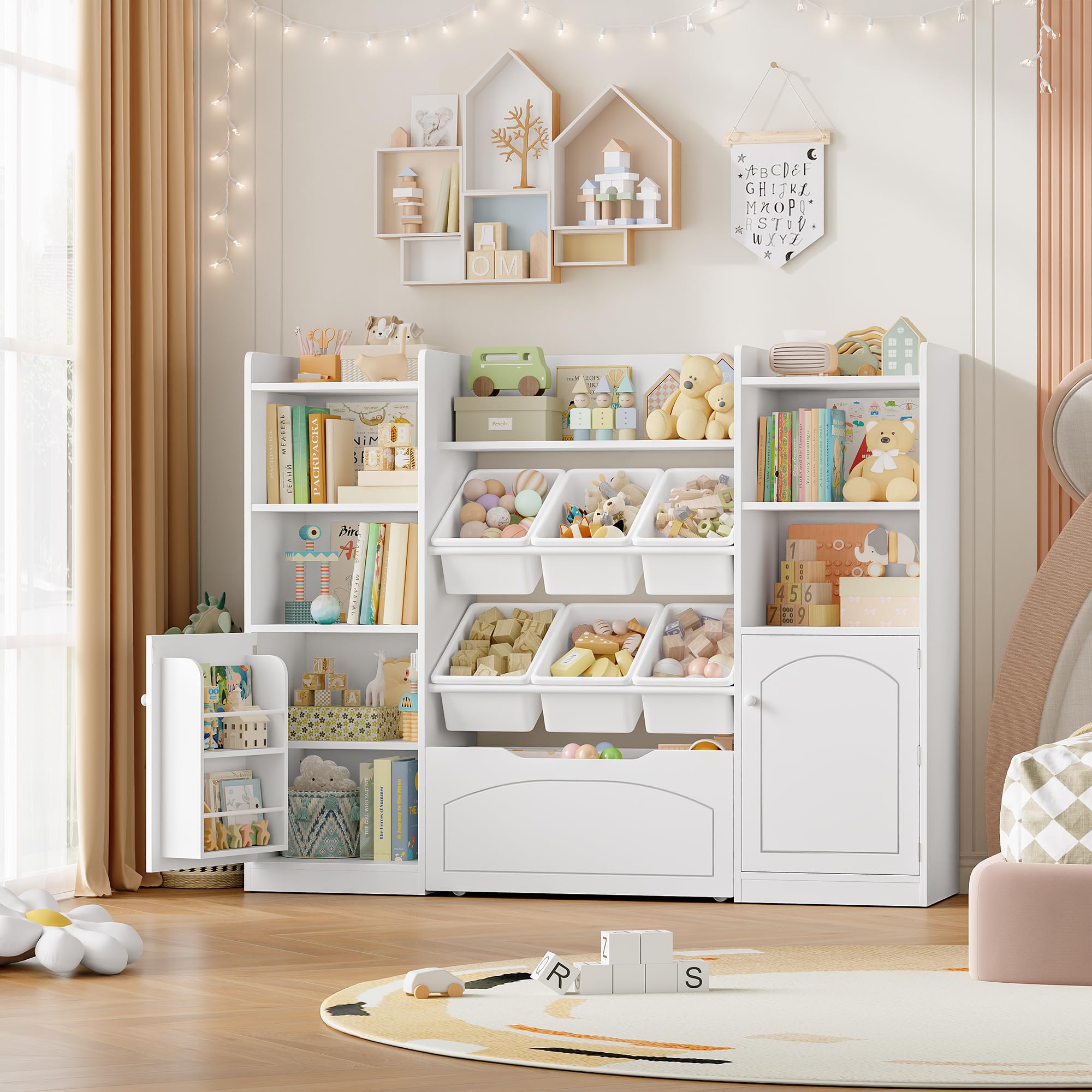 FOREHILL Libreria Montessoriana per Bambini, Porta Giochi Bambini a 6 Scatole, Organizer Giocattoli a Ripiani Regolabile, 7 Scomparti Aperti, per Cameretta e Sale Giochi, 140,5x33x108,2 cm, Bianco