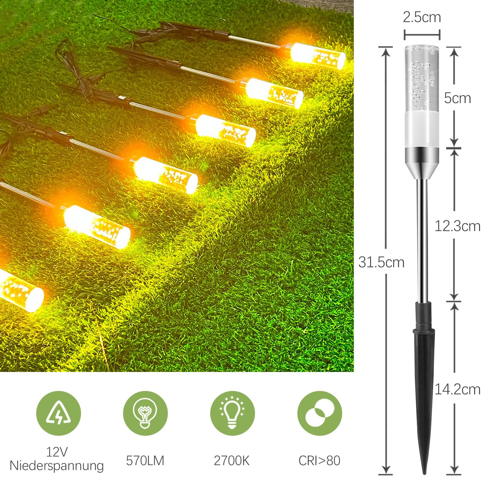 Gartenbeleuchtung 8M LED Gartenleuchte 570LM Luftblasen Leuchtstäbe 2700K Erweiterbar Gartenlampen mit Strom Erdspieß Kabel IP65 Wegleuchte Wegbeleuchtung für Außen Garten Yard 6er Set