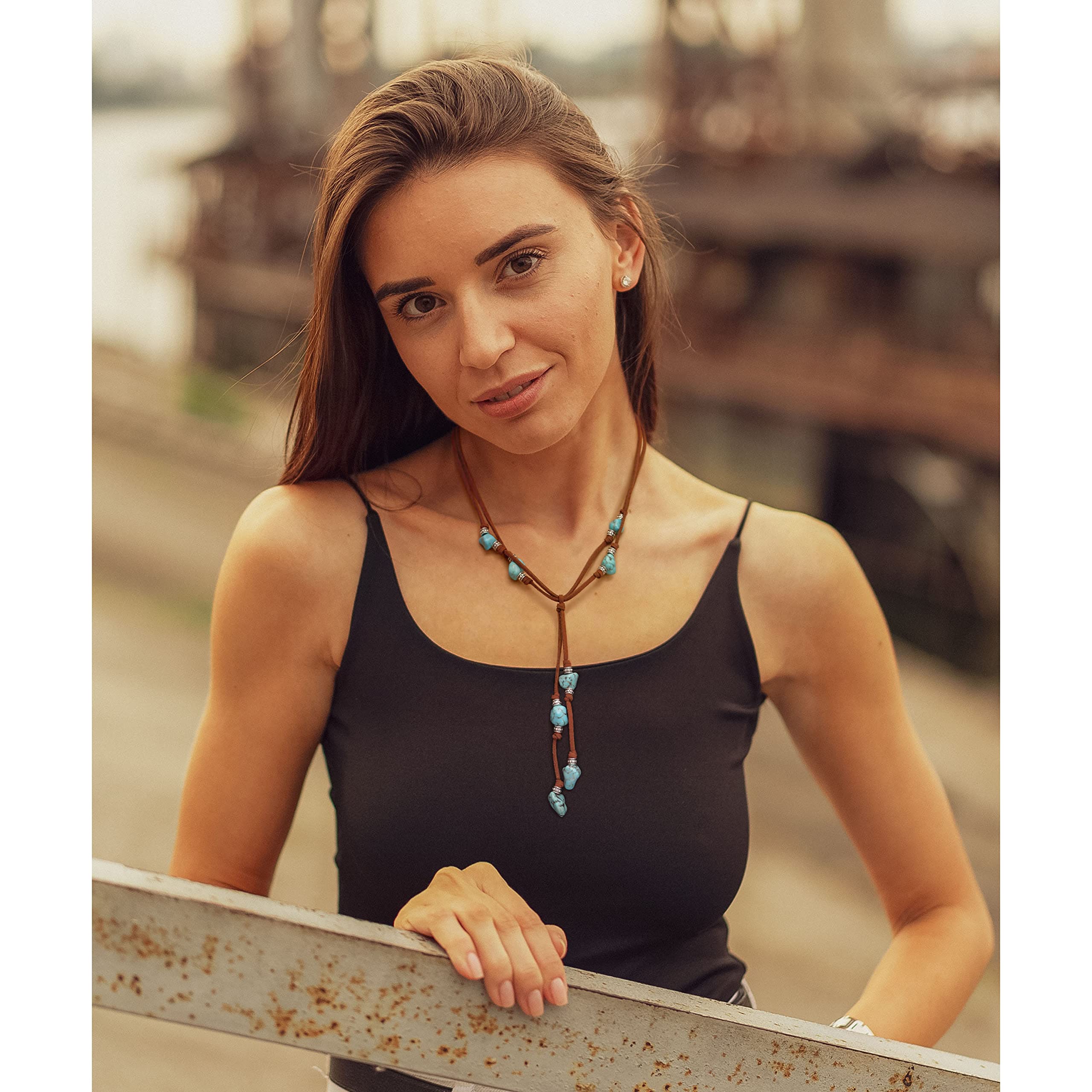 Collar de gamuza turquesa para mujer, hecho a mano, en forma de Y, bohemio, vintage, colgante, joyería Lariat…, Zinc, Turquesa 3