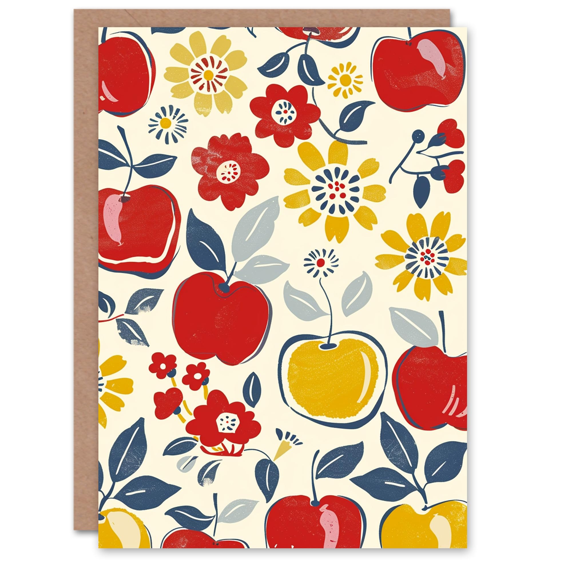 Artery8 Apple Fruit and Flowers Red Yellow Blue Pattern Blank For Him Or Her Art Birthday Card
