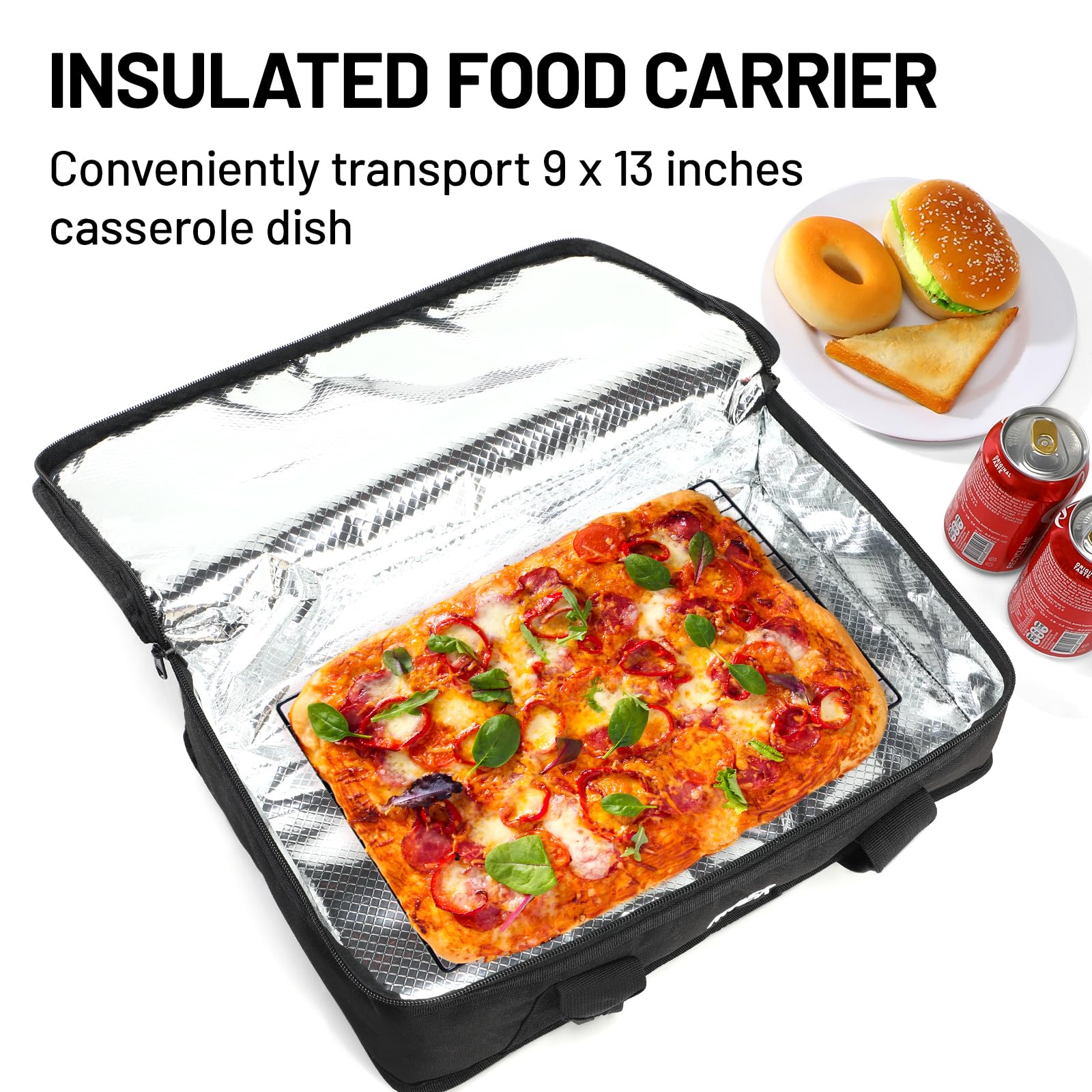 MIER Borsa termica per casseruole isolate per cibi caldi o freddi, per lasagne, potluck, feste, picnic, grigliate, adatta per teglie da forno da 22,9 x 33 cm, nero