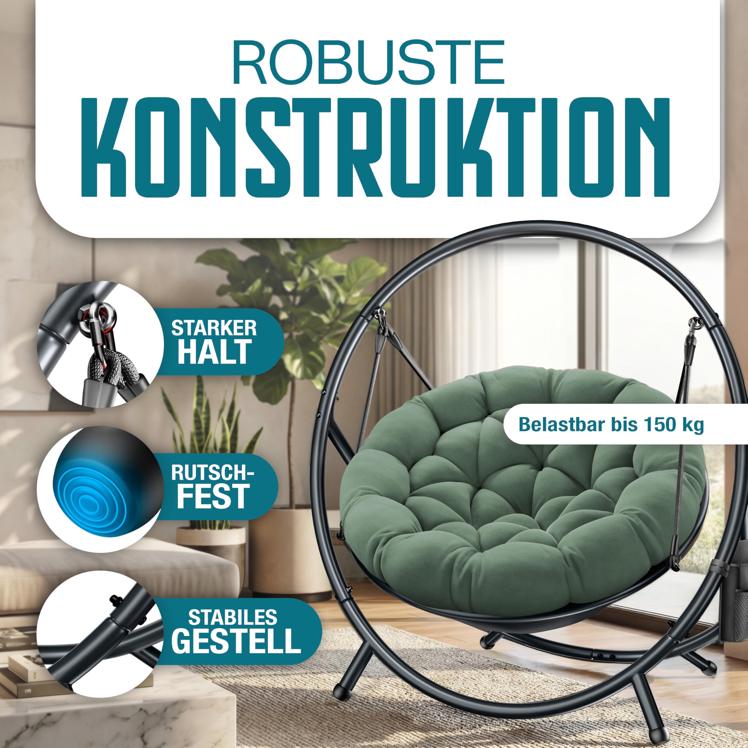 KESSER® Hängesessel mit Gestell Bali Hängeschaukel Hängestuhl bis 150kg für Indoor und Outdoor + Kissen & Seitentasche Hängekorb Stahlgestell & Schaumstoff Sitzpolster