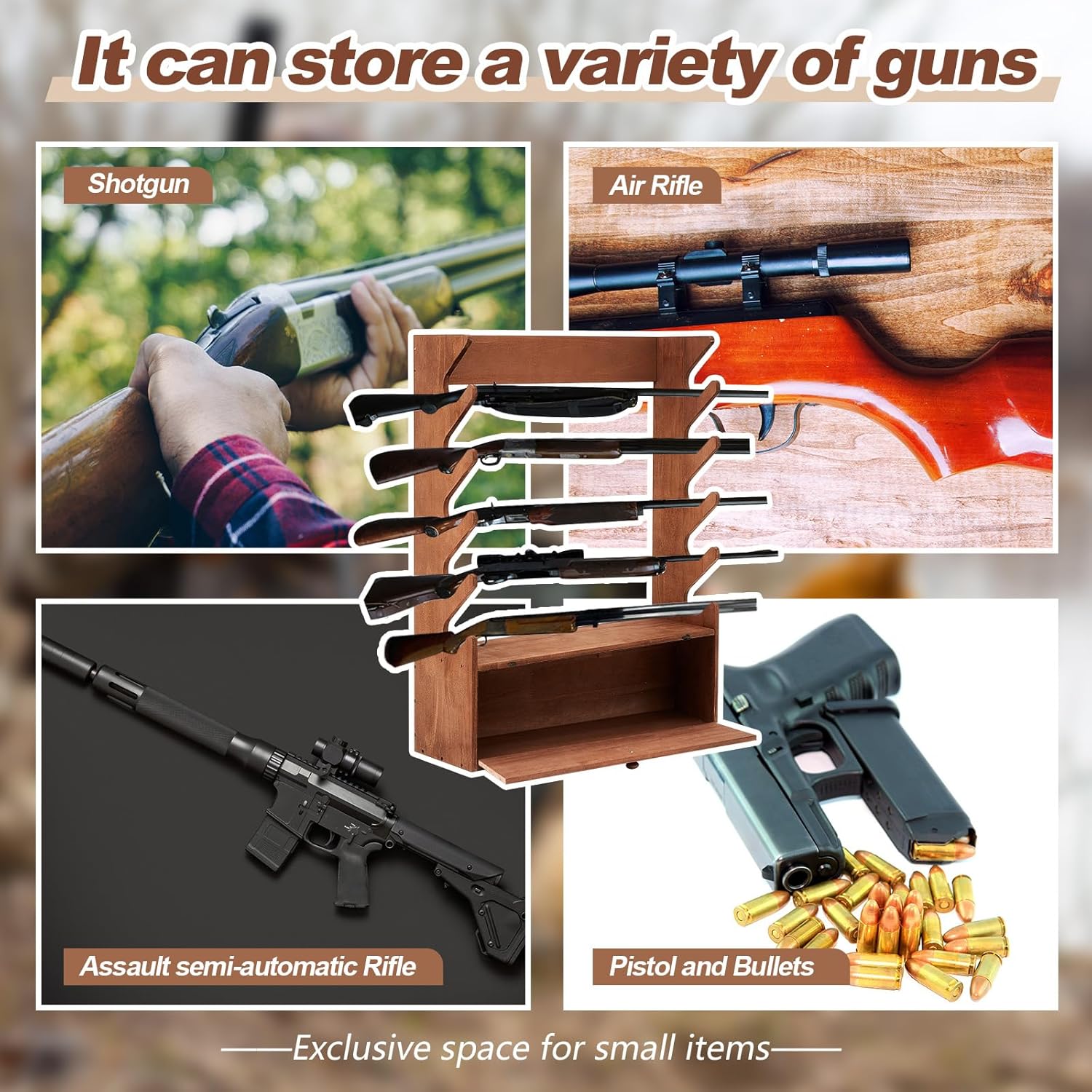GlikCeil Walnut Color Gun Display Rack Pine Wood Firearm Display Rack Indoor Gun Cabinet Gun Shelf Rifle Display Case with Storage Compartment for Gun Accessories