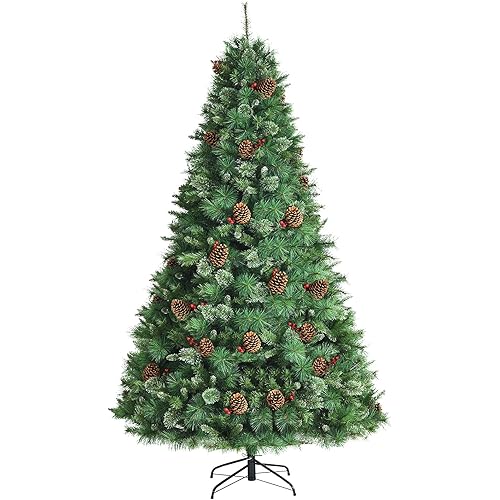 Goplus 8FT Artificial Christmas Tree, Unlit Premium Hinged Xmas Pine Tree with PVC Branch Tips, Pine Needles, Red Berries, Pine Cones & Folding Metal Stand, Perfect for Home, Party, Holiday Decoration