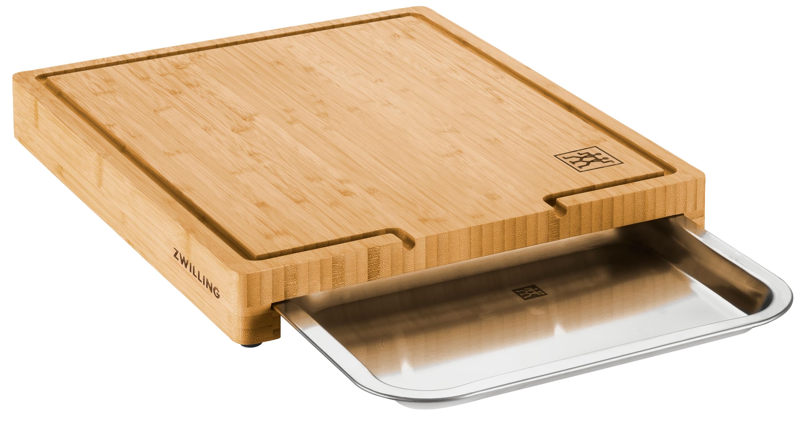ZWILLING BBQ+ Schneidbrett mit Auffangschale, Saftrille, 39 x 30 x 5 cm, FSC-zertifizierter Bambus, Schale aus Edelstahl, Braun