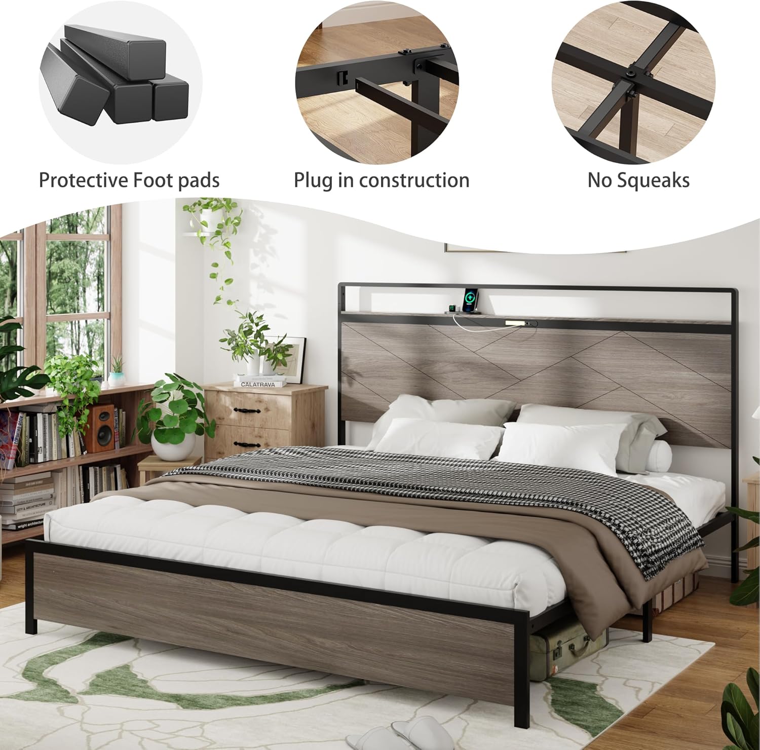 King Size Bed Frame with Storage Headboard, Metal Platform Bed with LED light and 2 USB, Sturdy Metal Slat Support, Large Underbed Storage, No Box pring Needed, Easy Assemble (Antique Grey, King)