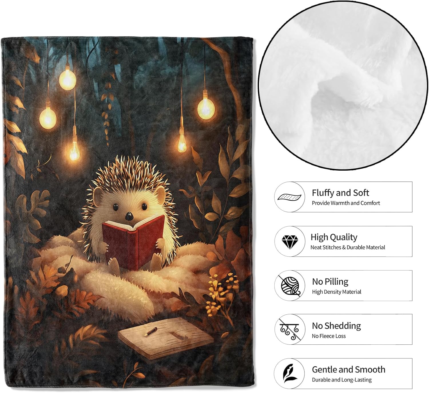 Hedgehog Reading Book Throw Blanket,50x60in,Soft,Lightweight Flannel,Woodland Forest Blankets - Gifts for Kids Boys Girls & Animal Lovers,for Couch Office Travel,Home Living Room Decor - Image 2