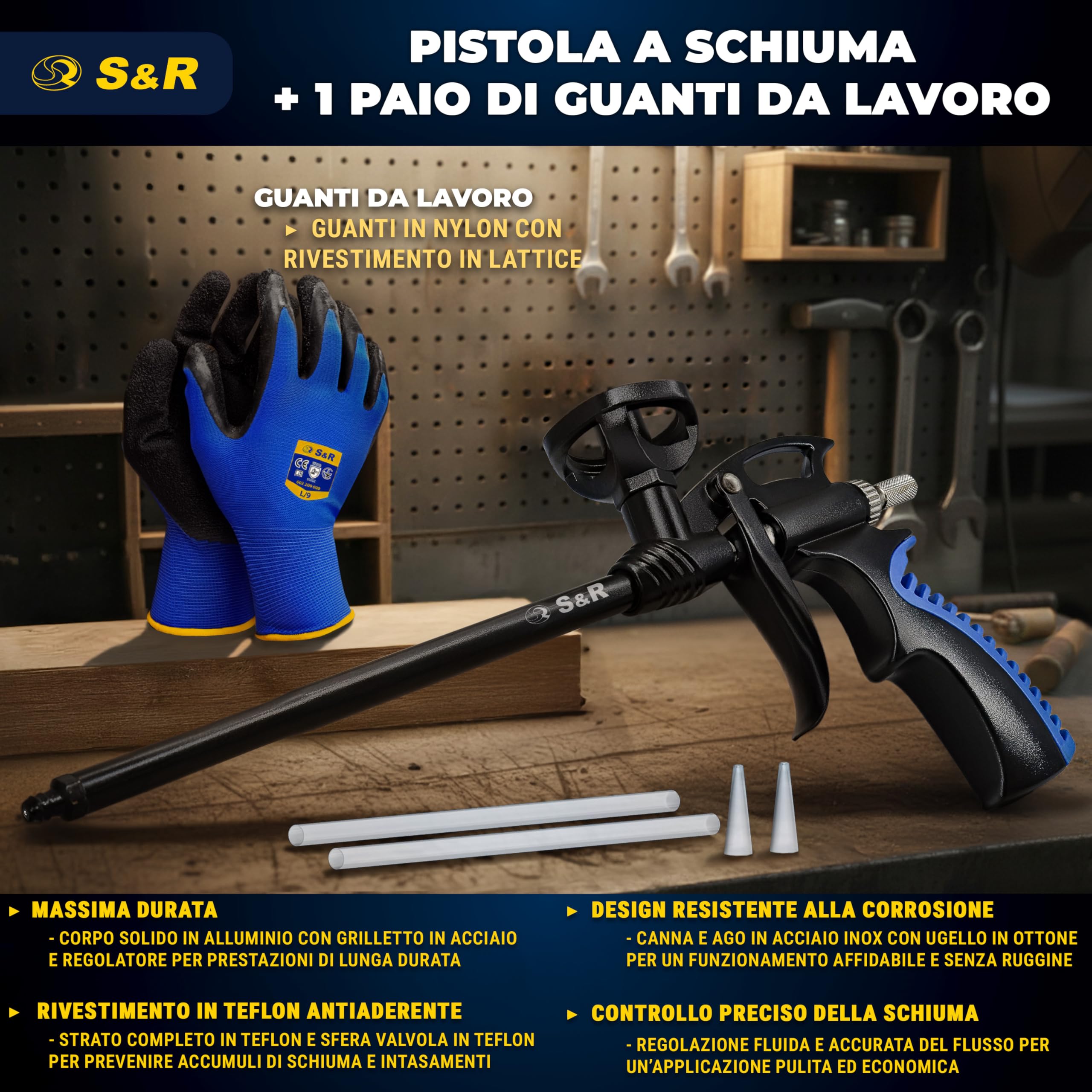 S&R Pistola Schiuma Poliuretanica Professionale PU 345 mm. Pistola per Schiuma Espansa Rivestimento Antiaderente e Ugello Acciaio Inox e Teflon. Foam Gun Dosaggio di Precisione.