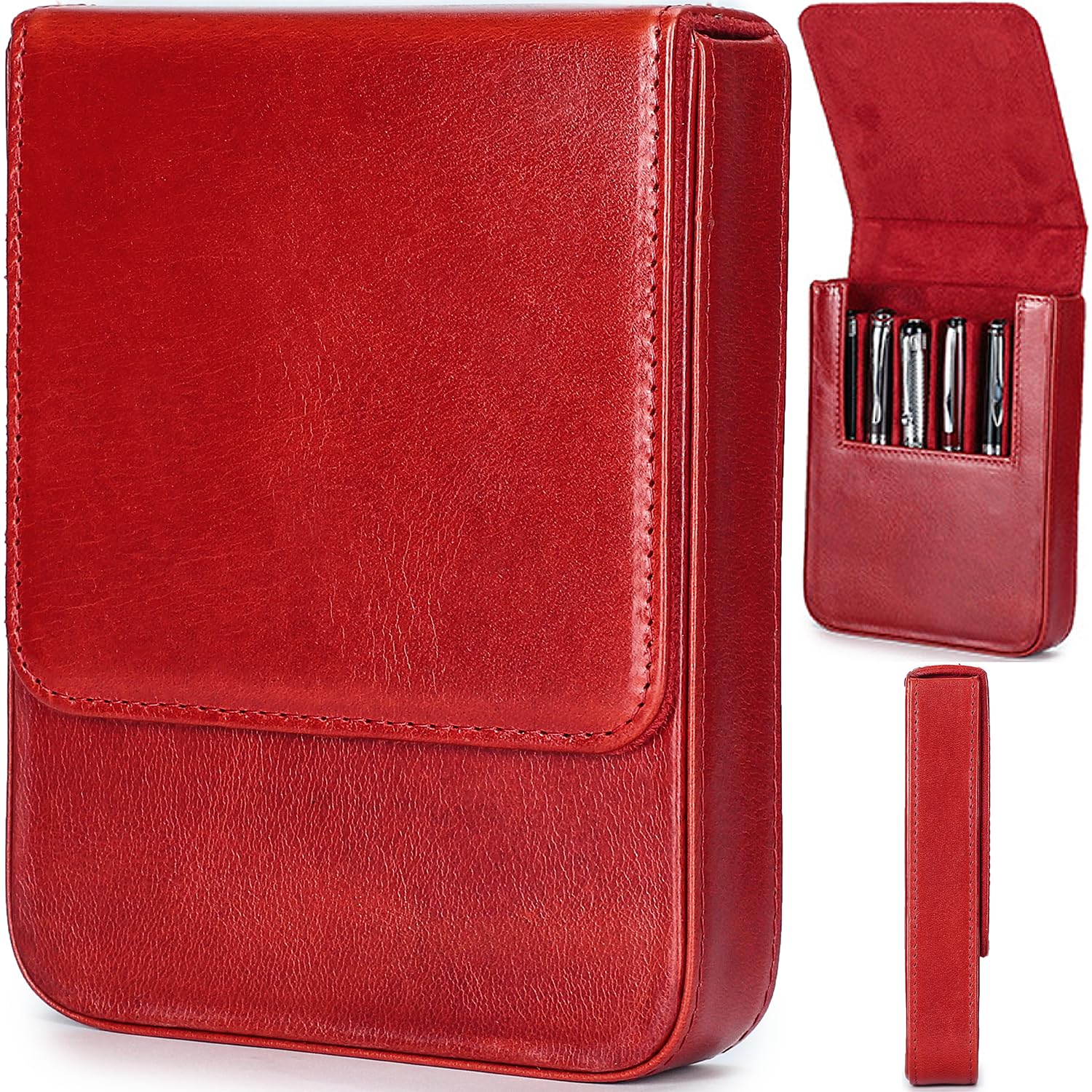 CataPurus Top Grain Genuine Leather 6 Pen/Pencil Tray Case Organizer, Minimalist Fashion Design, Handmade, Magnetic Closure with Drawer Design, Gift Choice for Man/Woman/Office, Glossy Red, 6 Slots — image 1