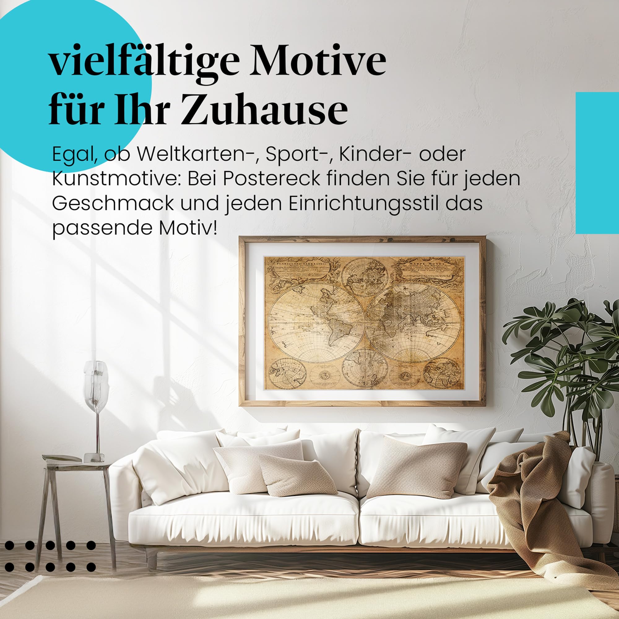 Postereck - 0274 - Alte Weltkarte, Erde Kontinente Karte Vintage - Unterricht Klassenzimmer Schule Wandposter Fotoposter Bilder Wandbild Wandbilder - Leinwand - 100,0 cm x 75,0 cm