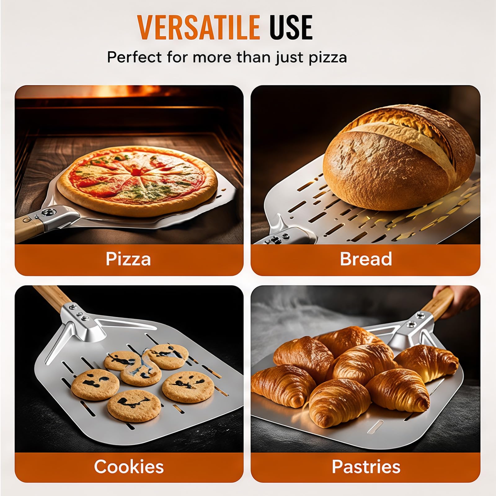 Pelle à Pizza 12 Pouces Perforée Professionnelle, Pelle Pizza avec Poignée en Bois Amovible, Acier Inoxydable, pour la Cuisson de Pizzas, Pain, Tartes, Gaufres et Biscuits (40 x 30 cm)