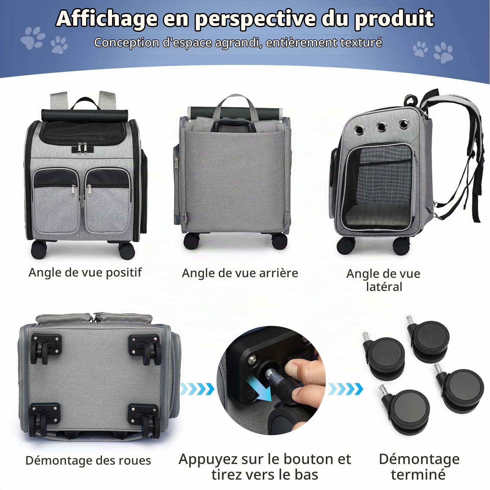 PETCUTE Sac à Dos de Transport pour Chat avec Roues,Respirant Sac à roulettes pour Chat Chien 11 kg,Pliable Sac de Transport Chats avec Poches Rangement,Tapis Amovible,Poussettes pour Chat/Chiens