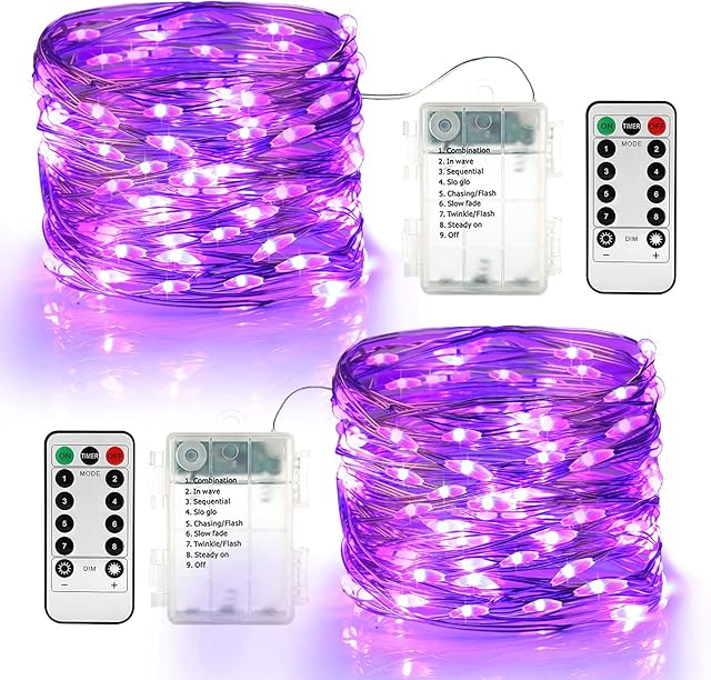 Halloween Decor Lights, BrizLabs 2 Pack 19.68ft 60 LED Purple String Lights Indoor Battery Operated Mini Firefly String Lighting Decorative for Christmas Tree Home Outdoor Garden Wedding Party