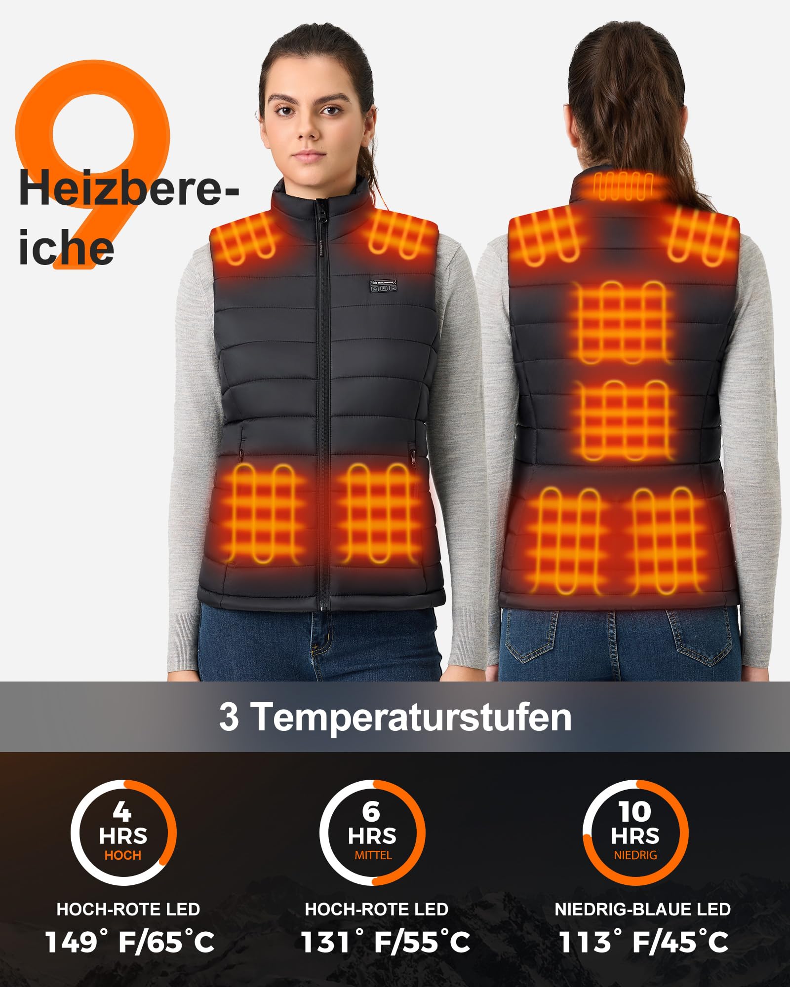 Heizweste Damen mit Powerbank 16000mah 7.4V, 9 Heizzone Beheizbare Weste Damen, Leichte Elektrisch Wärmeweste mit Akku für Skifahren, Outdoor
