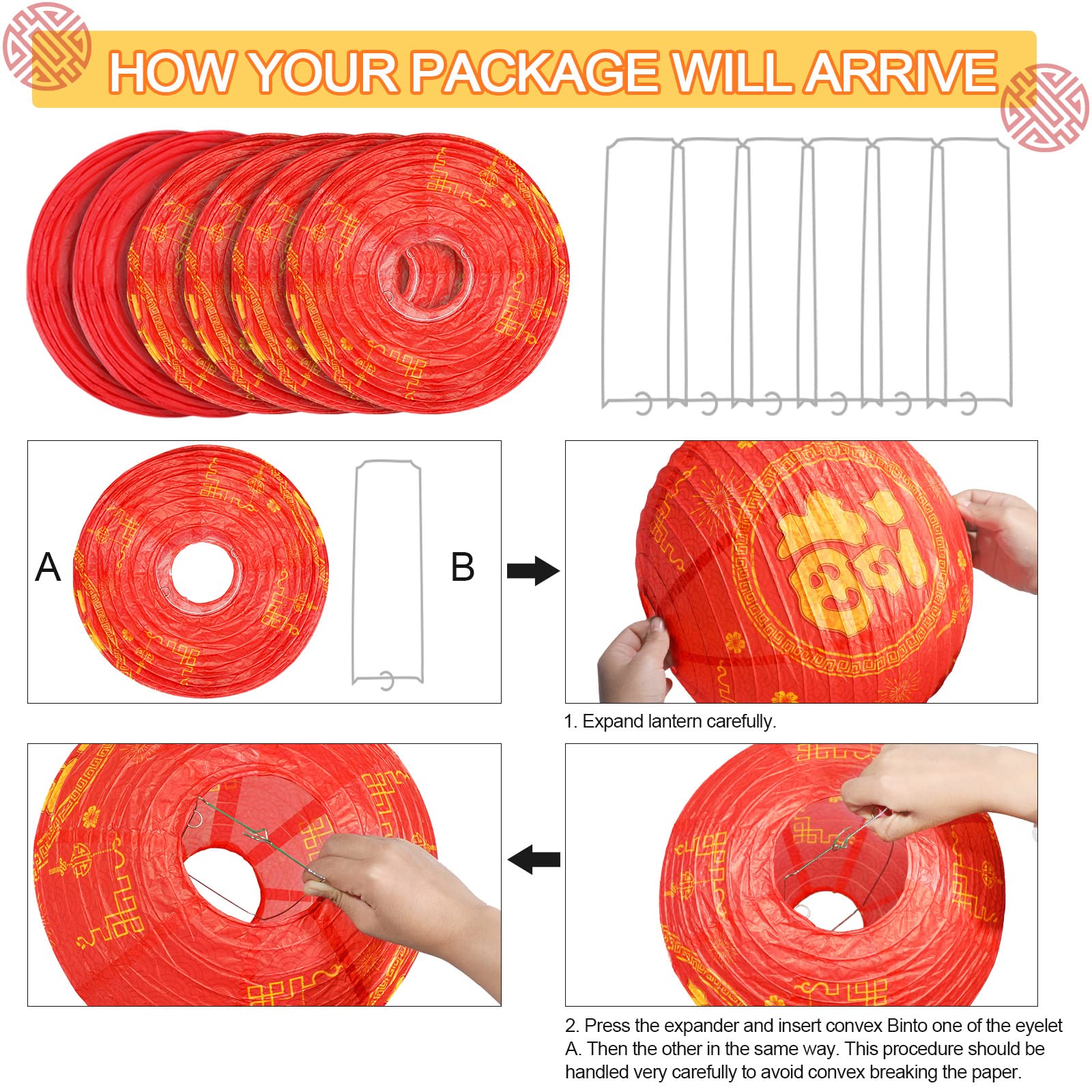 Sumind 6 Pieces 2025 Chinese New Year Round Paper Lanterns Decorations Lucky Golden Fu Character Lantern Fortune Coins, Round Hanging Decorations for Chinese Spring Festival