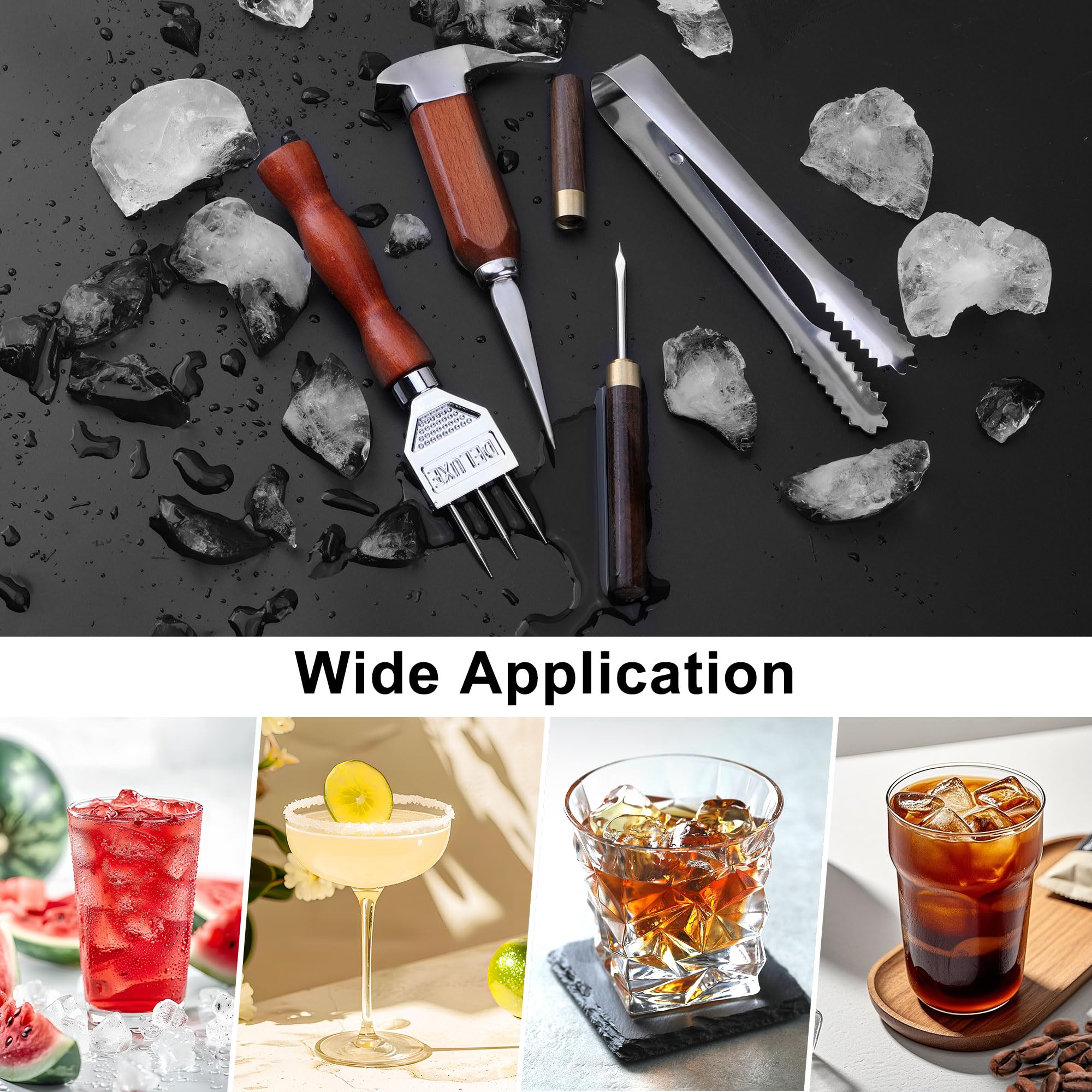 Juego de 4 palillos de hielo, trituradora de hielo de acero inoxidable con mango de madera, kit de barman trituradora de hielo con pinzas, ideal para bares, cocina y arte de tallado 2