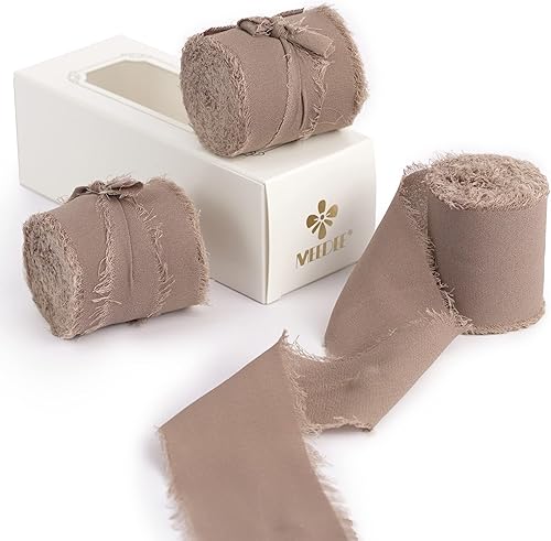 MEEDEE Cinta de gasa taupe de 2 pulgadas, cintas deshilachadas con flecos, para manualidades, cintas de gasa de seda para envolver regalos,