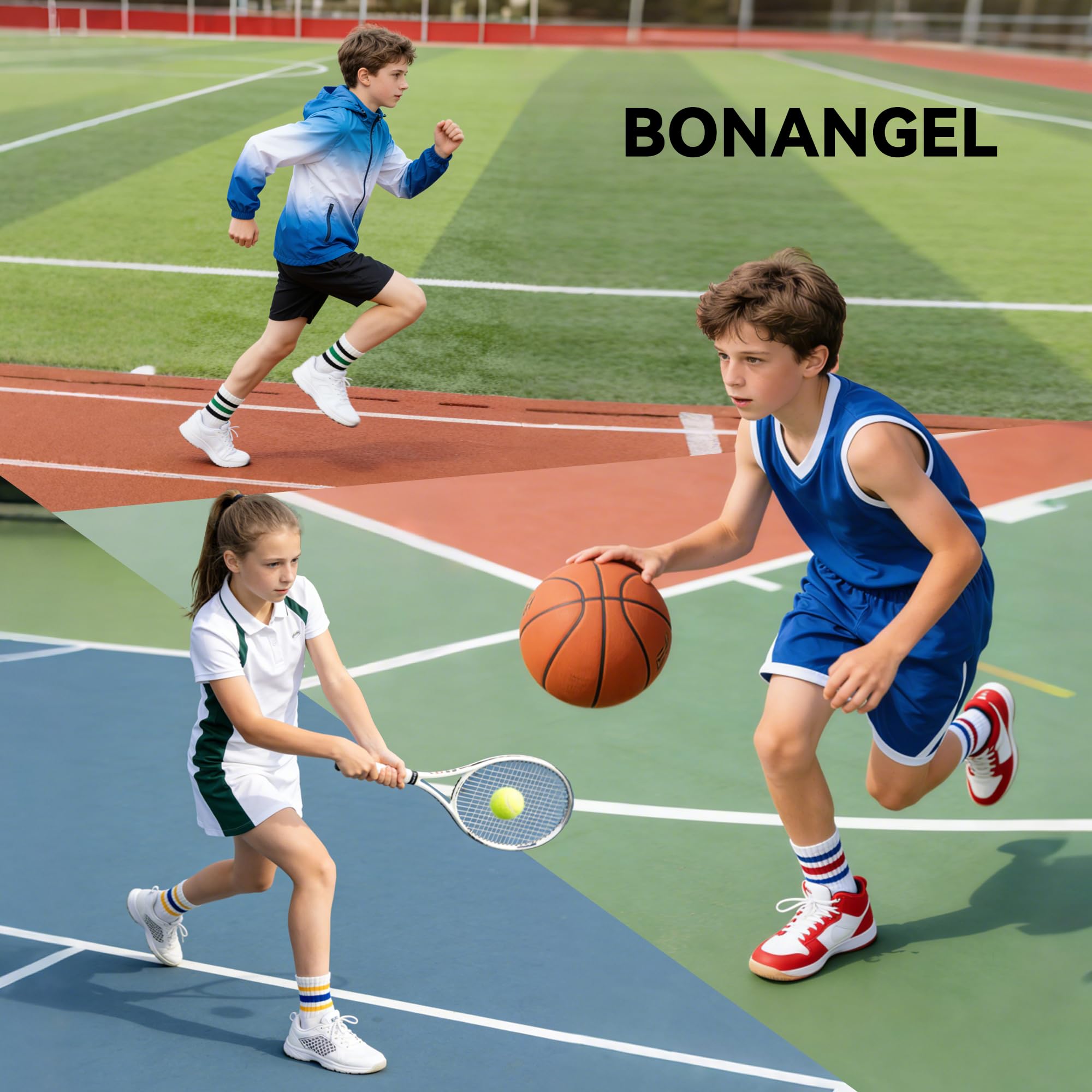 BONANGEL Skarpetki dziecięce dla dzieci 31-34 35-38, skarpetki do tenisa w paski dla chłopców i dziewczynek bawełniane skarpety sportowe dla mężczyzn i dziewcząt 7-14 lat, 6 par