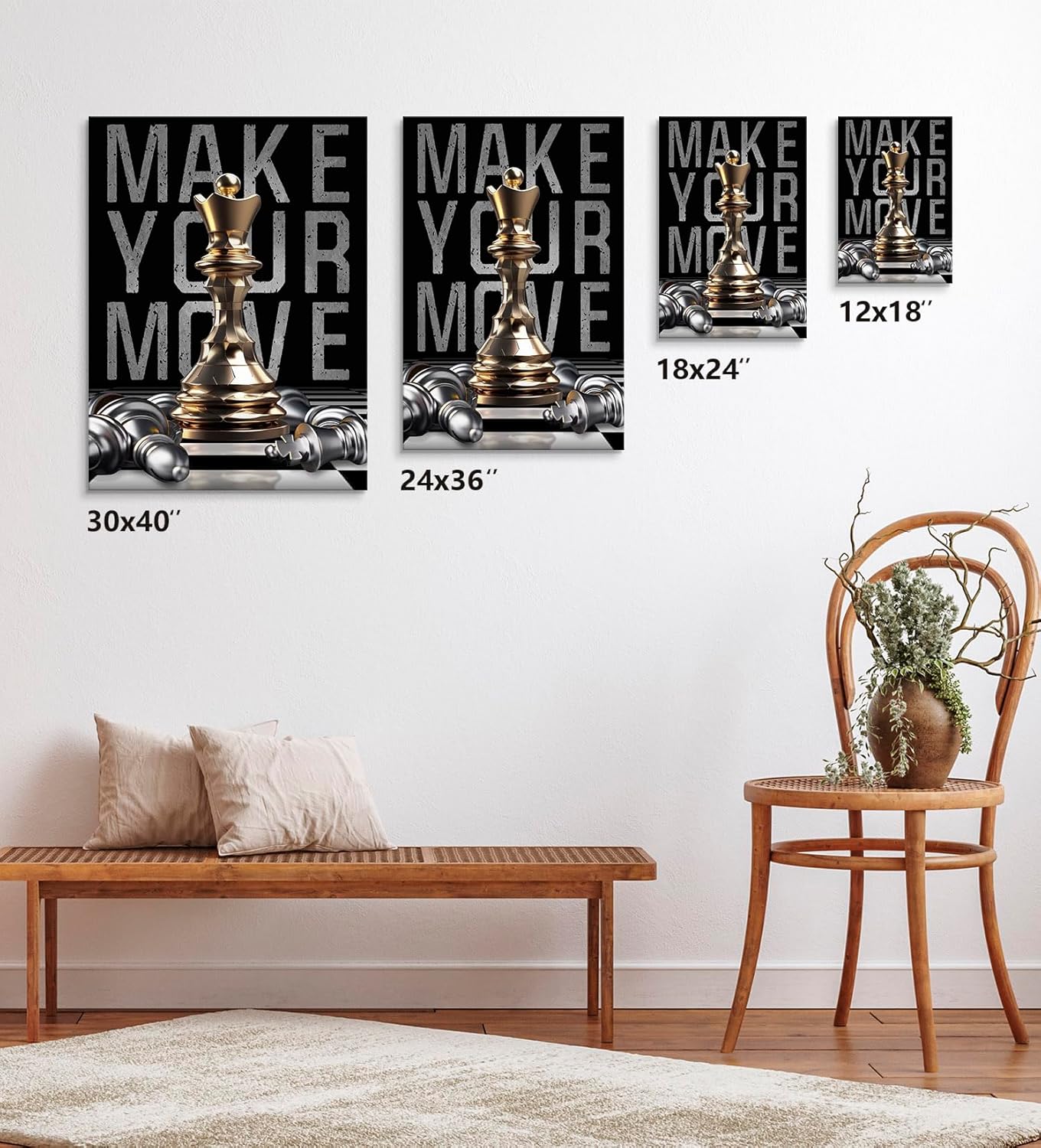 Kpasnd Make Your Move Chess Motivational Wall Art – Inspirational Canvas Print, Gold Chess Inspirational Quote Poster for Living Room, Bedroom, Office