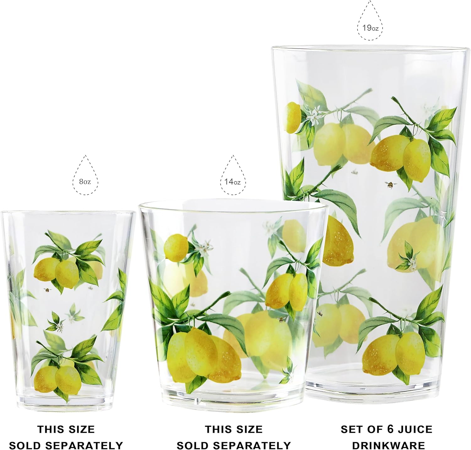 Reston Lloyd Calypso Basics Fresh Lemons 19 oz Acrylic Drinkware Set of 6 – BPA-Free, Indoor/Outdoor, Dishwasher Safe, Lemons with Bees - Image 7