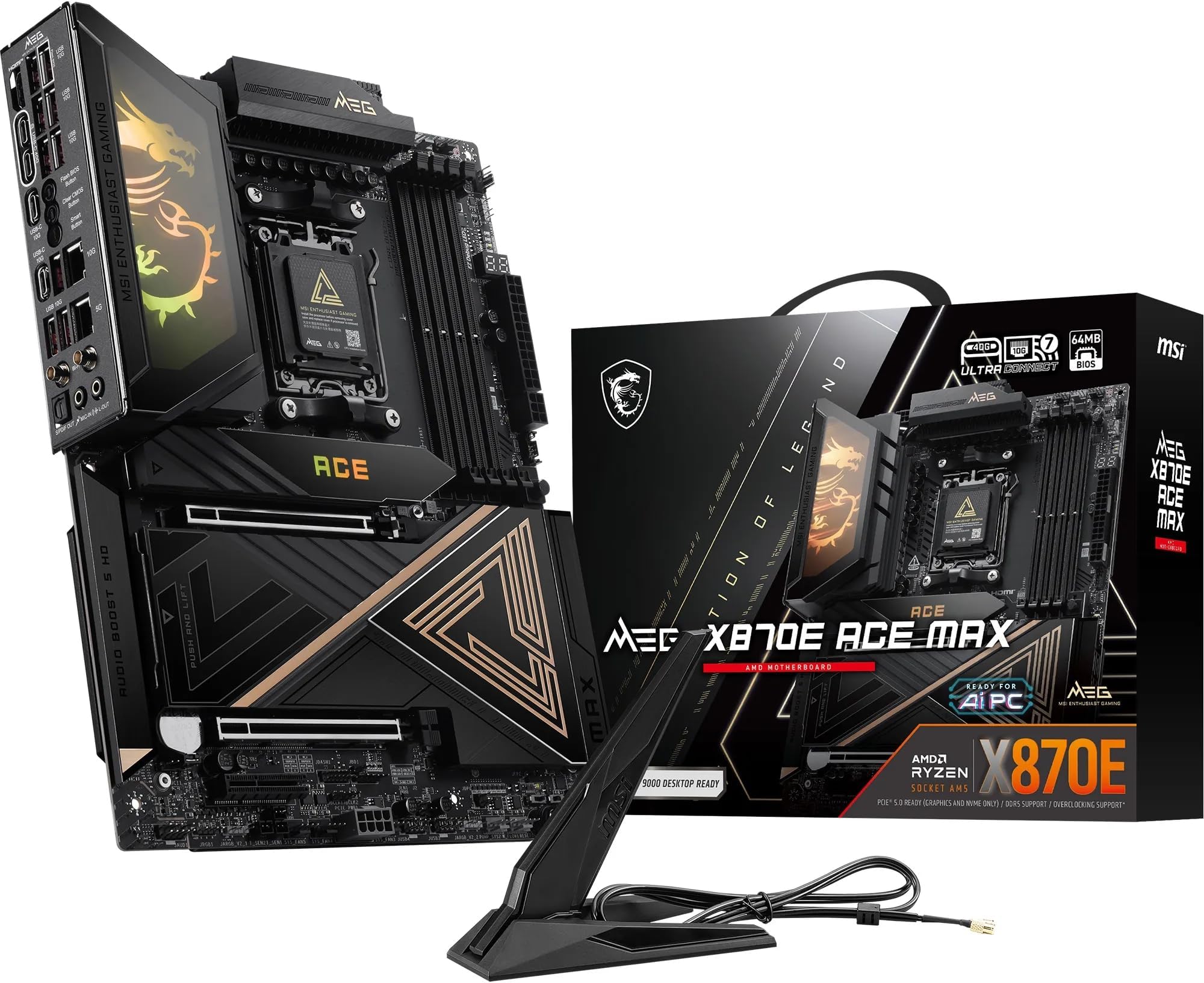 MSI MEG X870E ACE MAX Motherboard, ATX - Supports AMD Ryzen 9000/8000 / 7000 Processors, AM5-64MB BIOS ROM, 110A SPS VRM, DDR5 Memory (up to 8400+ MT/s OC), M.2 & PCIe 5.0, USB4, Wi-Fi 7, 10G LAN