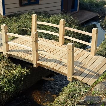 HOMEDIARY Fir Wood Garden Bridge, Outdoor Arc Footbridge Walkway with Double Safety Railings, Decorative Pond Bridge Landscaping w/550lbs Capacity for Backyard Farm Garden Creek Pond Decor, Natural